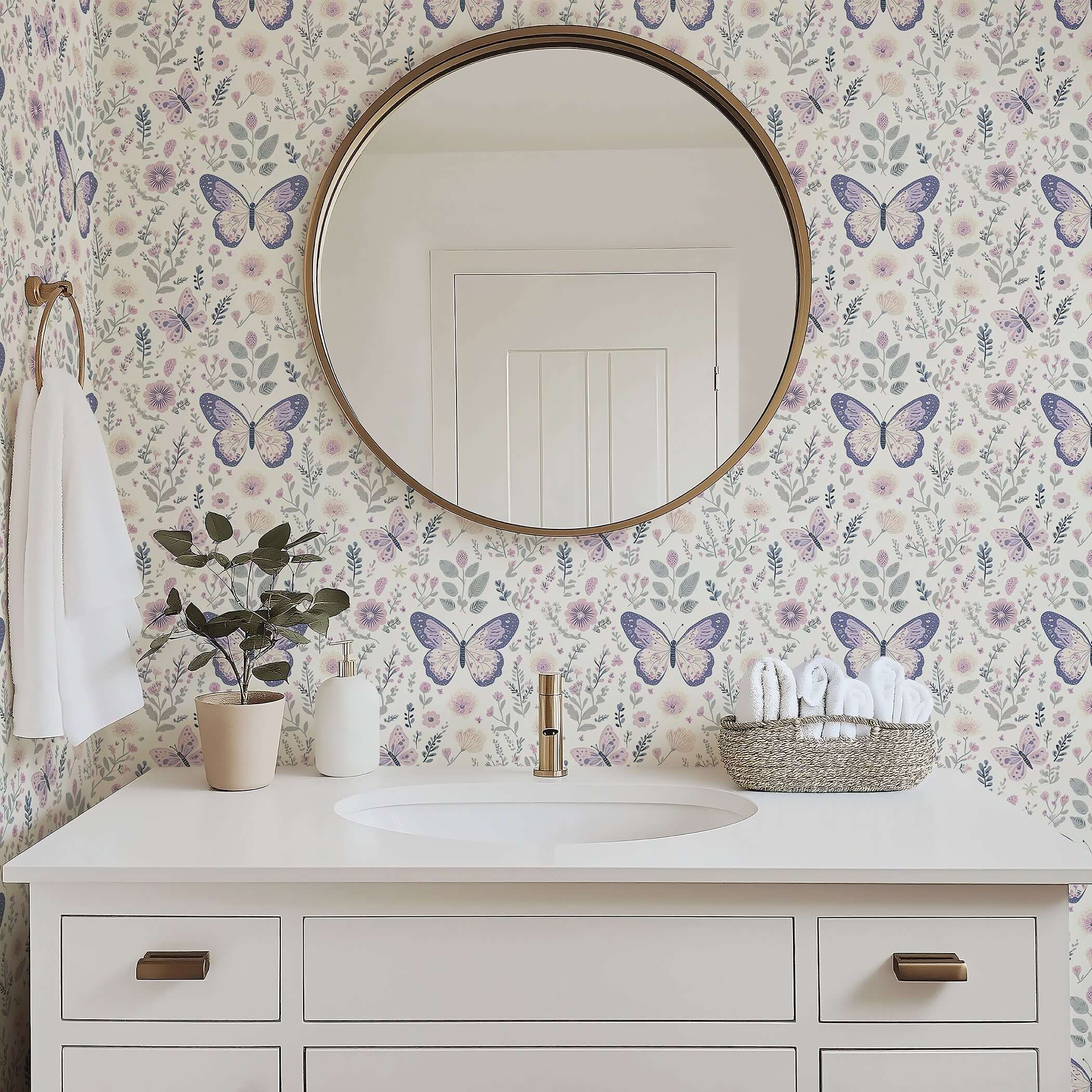 Elegant bathroom with Enchanted Floral Flight wallpaper, showcasing butterflies and florals, perfect for a whimsical modern design.