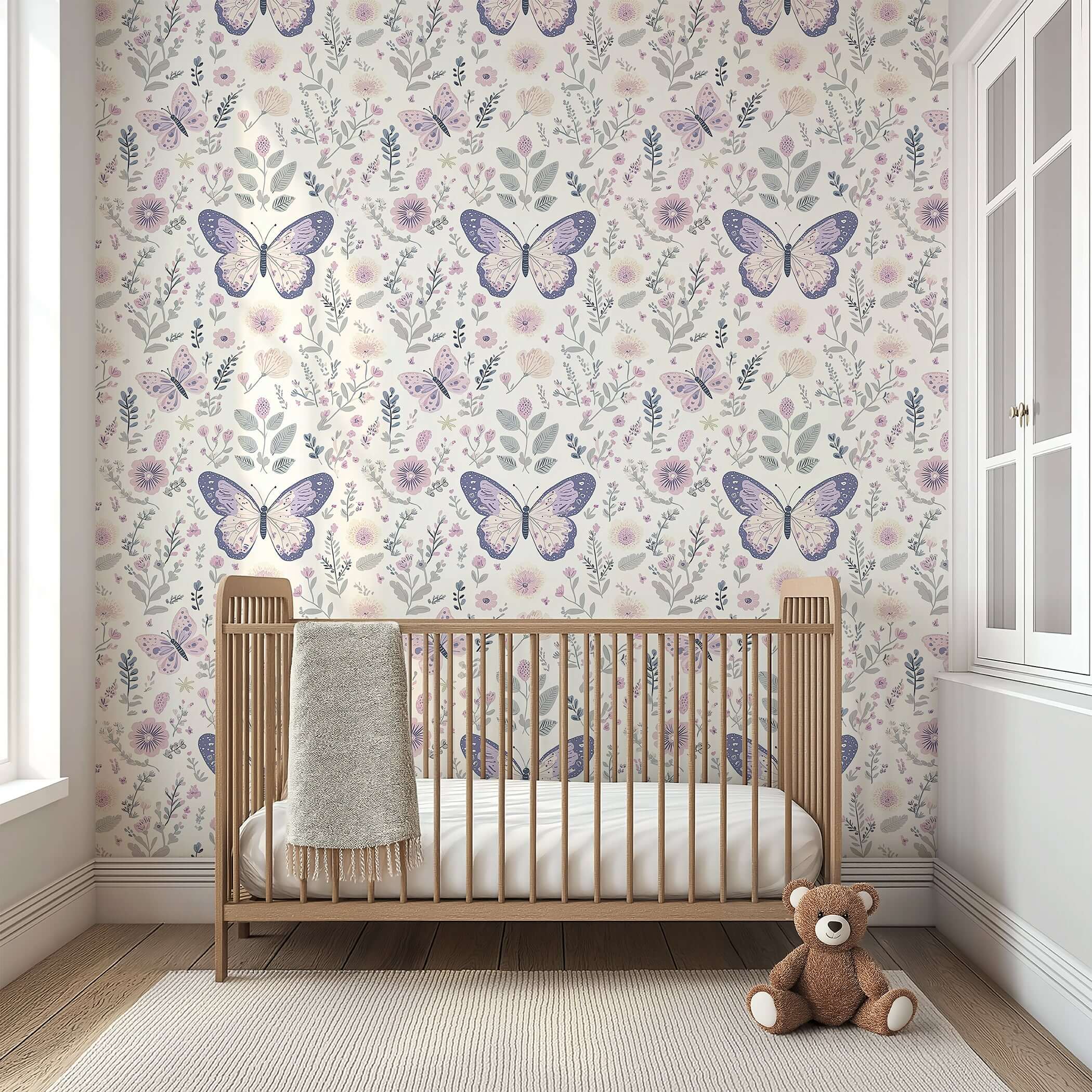 Enchanted Floral Flight wallpaper in nursery with butterflies and florals, ideal for baby's room or playroom with modern design.