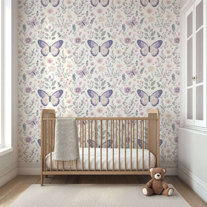 Enchanted Floral Flight wallpaper in nursery with butterflies and florals, ideal for baby's room or playroom with modern design.