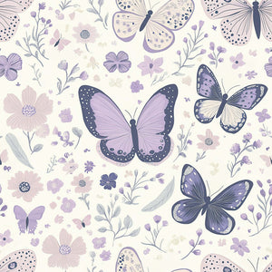 Alt Tag: Butterfly Garden Dreams wallpaper with playful pastel butterflies and wildflowers, ideal for nursery or playroom decor.