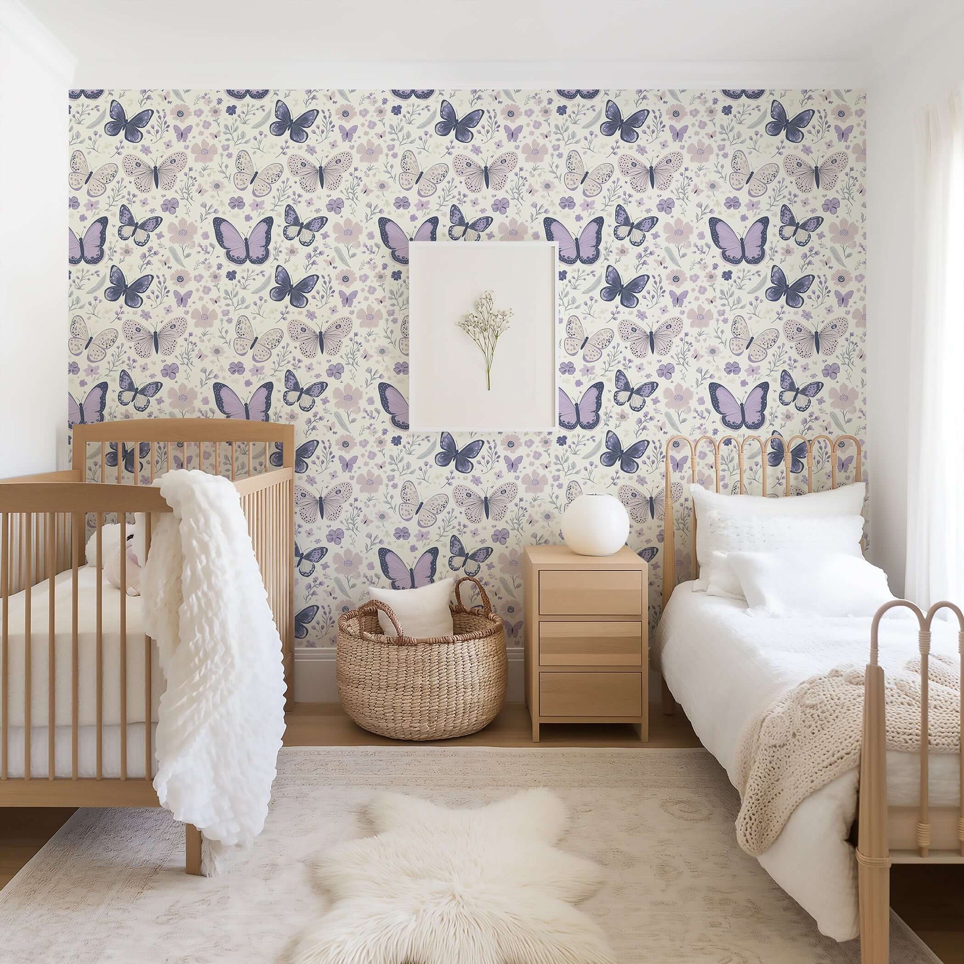 Charming nursery with Butterfly Garden Dreams wallpaper featuring purple butterflies and florals, perfect for a baby or playroom.
