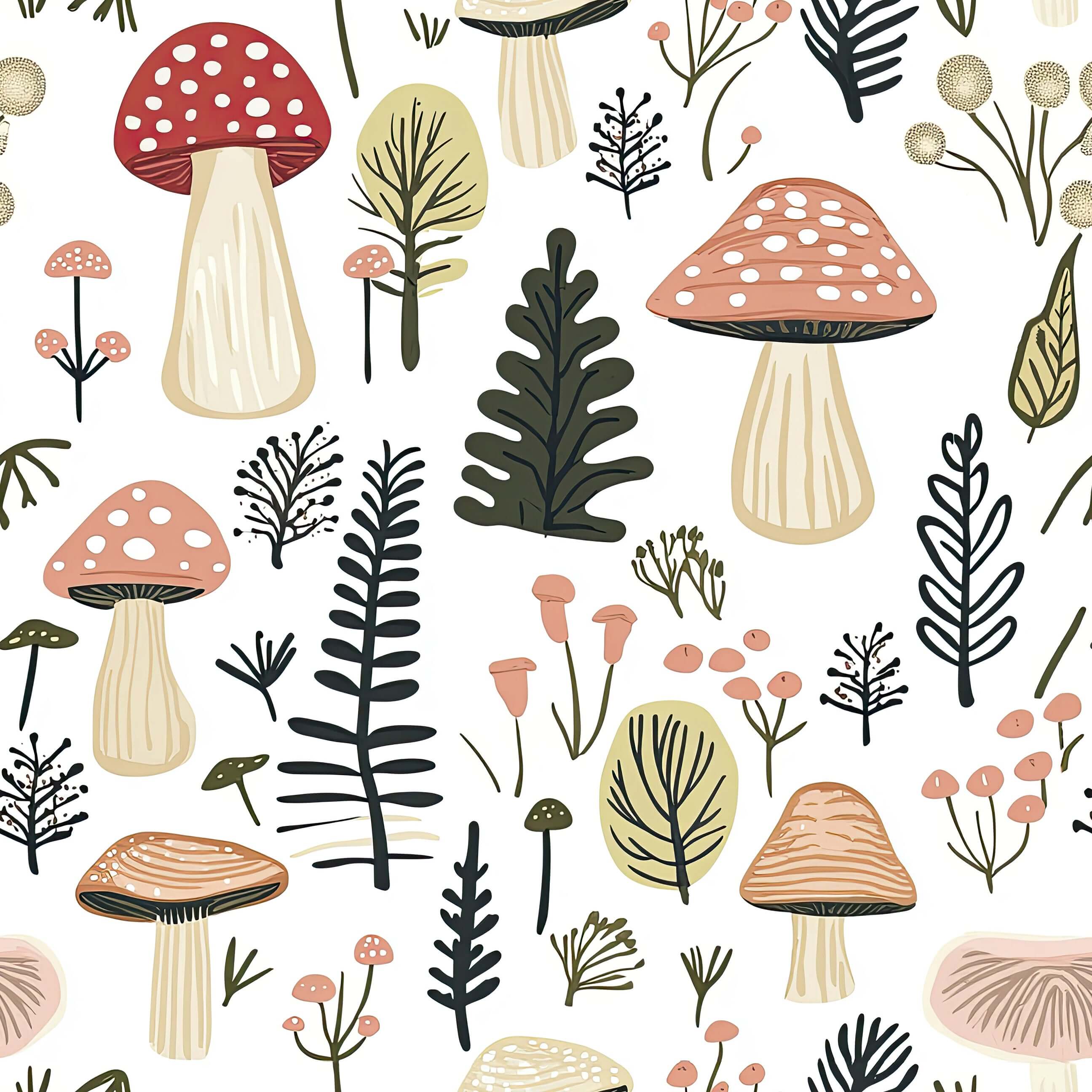 Woodland Wonder Toadstools Wallpaper featuring hand-drawn mushrooms and plants, perfect for a nature-inspired nursery or playroom.