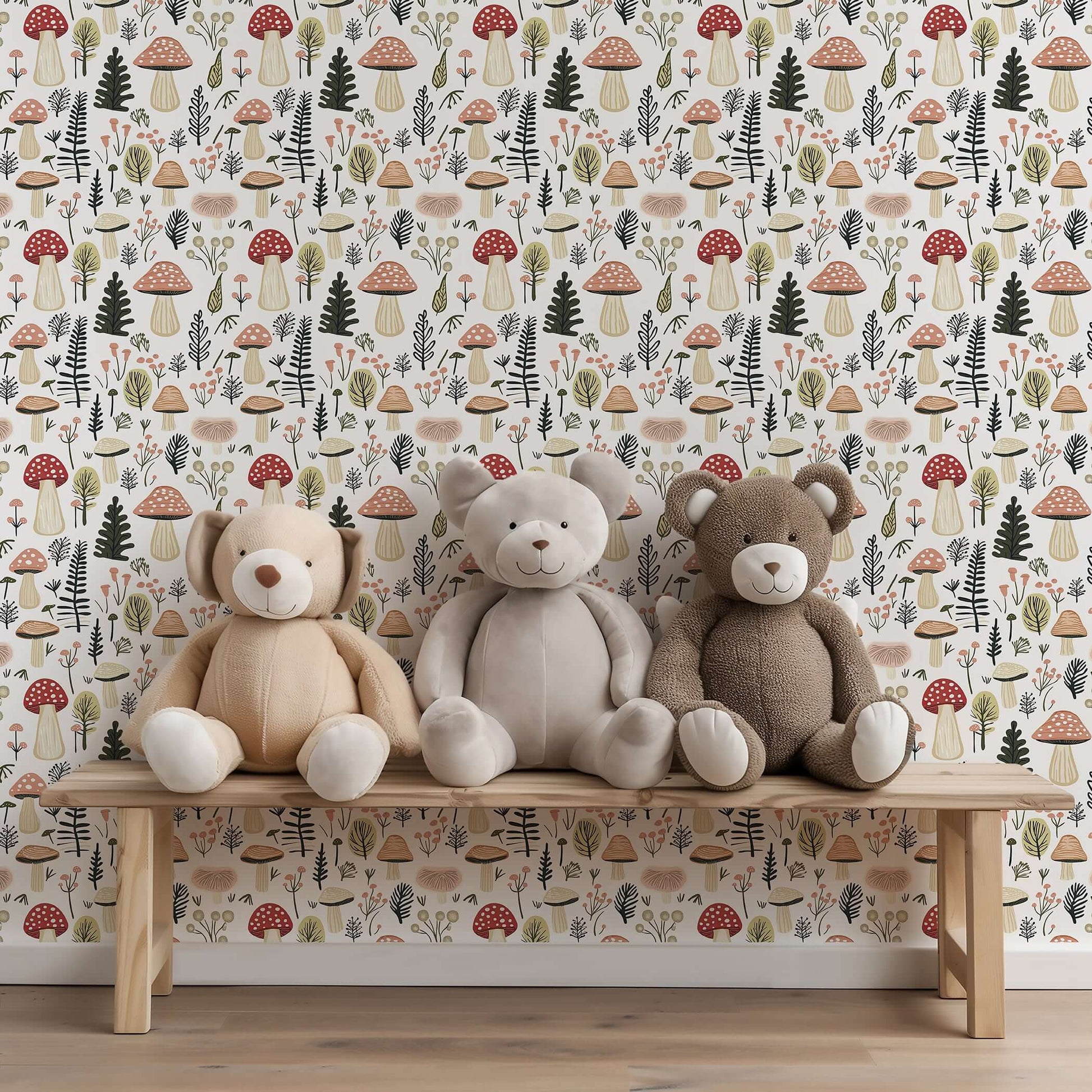 Woodland Wonder Toadstools Wallpaper with plush teddy bears on a wooden bench, ideal for modern nursery or playroom décor.
