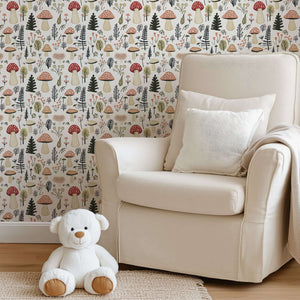 Cozy nursery with Woodland Wonder Toadstools wallpaper, featuring hand-drawn mushrooms, perfect for a baby or children's playroom.
