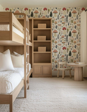 Woodland Wonder Toadstools wallpaper in a modern nursery with bunk beds, perfect for baby and children's playroom, earthy mushroom design.