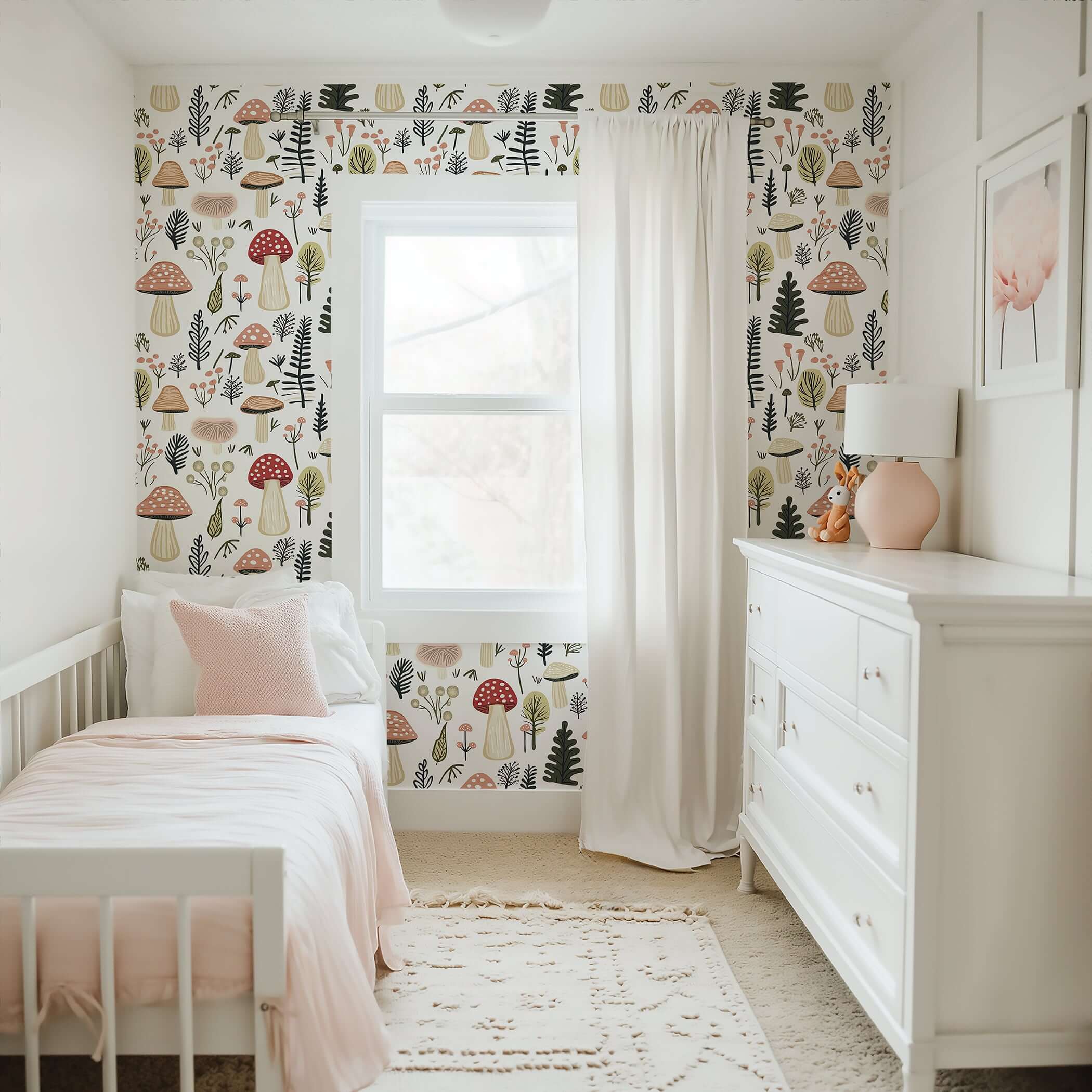 Whimsical woodland toadstool wallpaper in a modern nursery, perfect for children’s spaces with earthy, nature-inspired design.