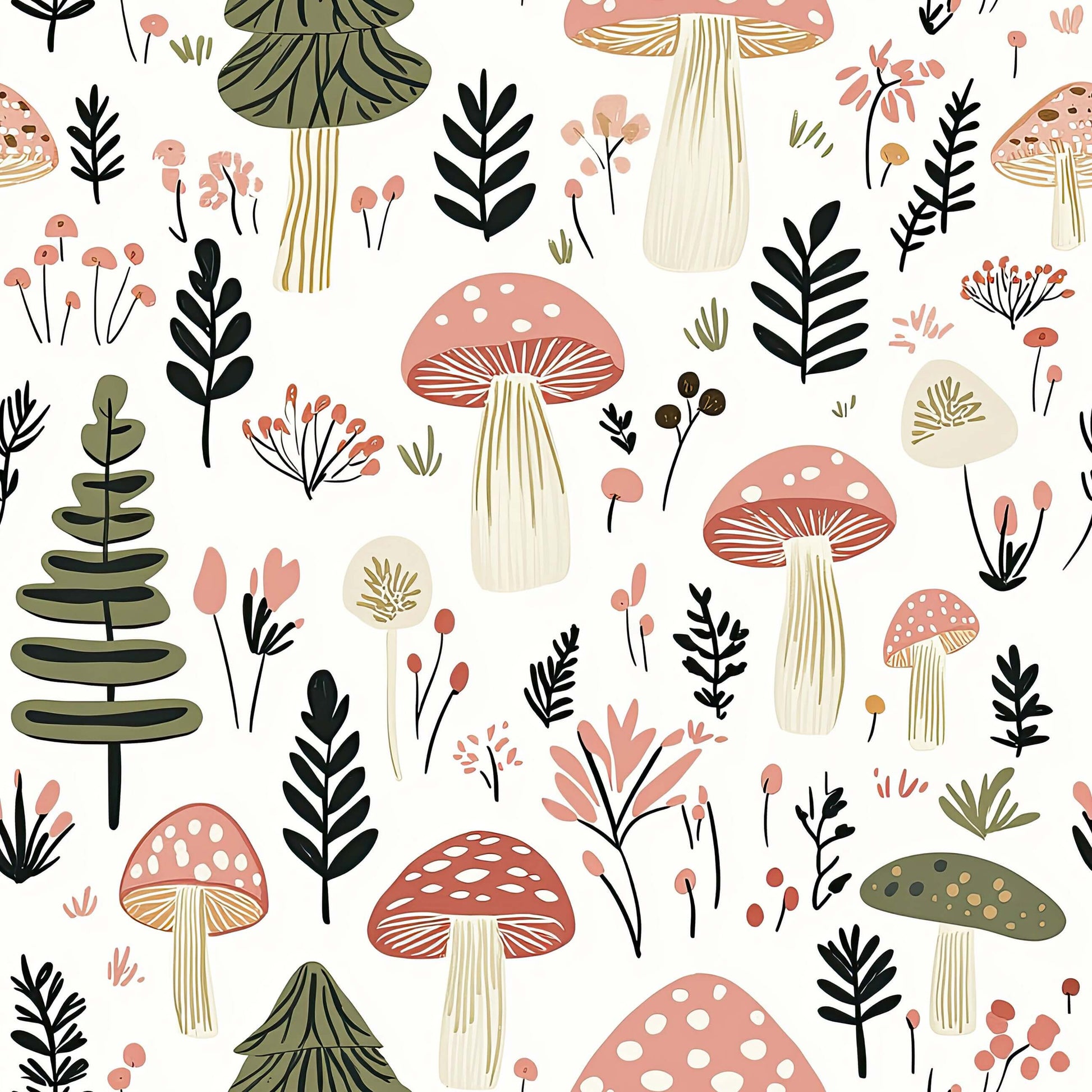 Charming hand-drawn mushrooms and pine trees on "Woodland Wonder Toadstools II" wallpaper for nurseries and playrooms.