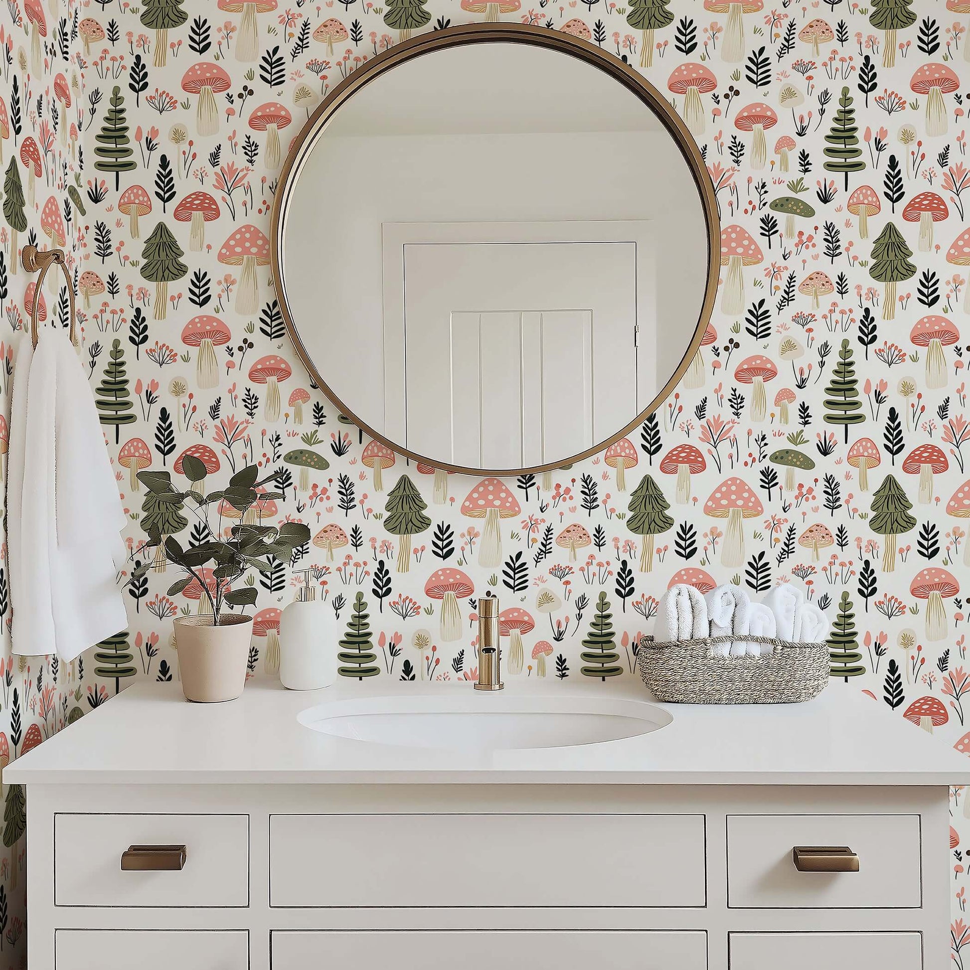 Whimsical woodland wallpaper with hand-drawn toadstools and trees in blush and green, perfect for nurseries and playrooms.