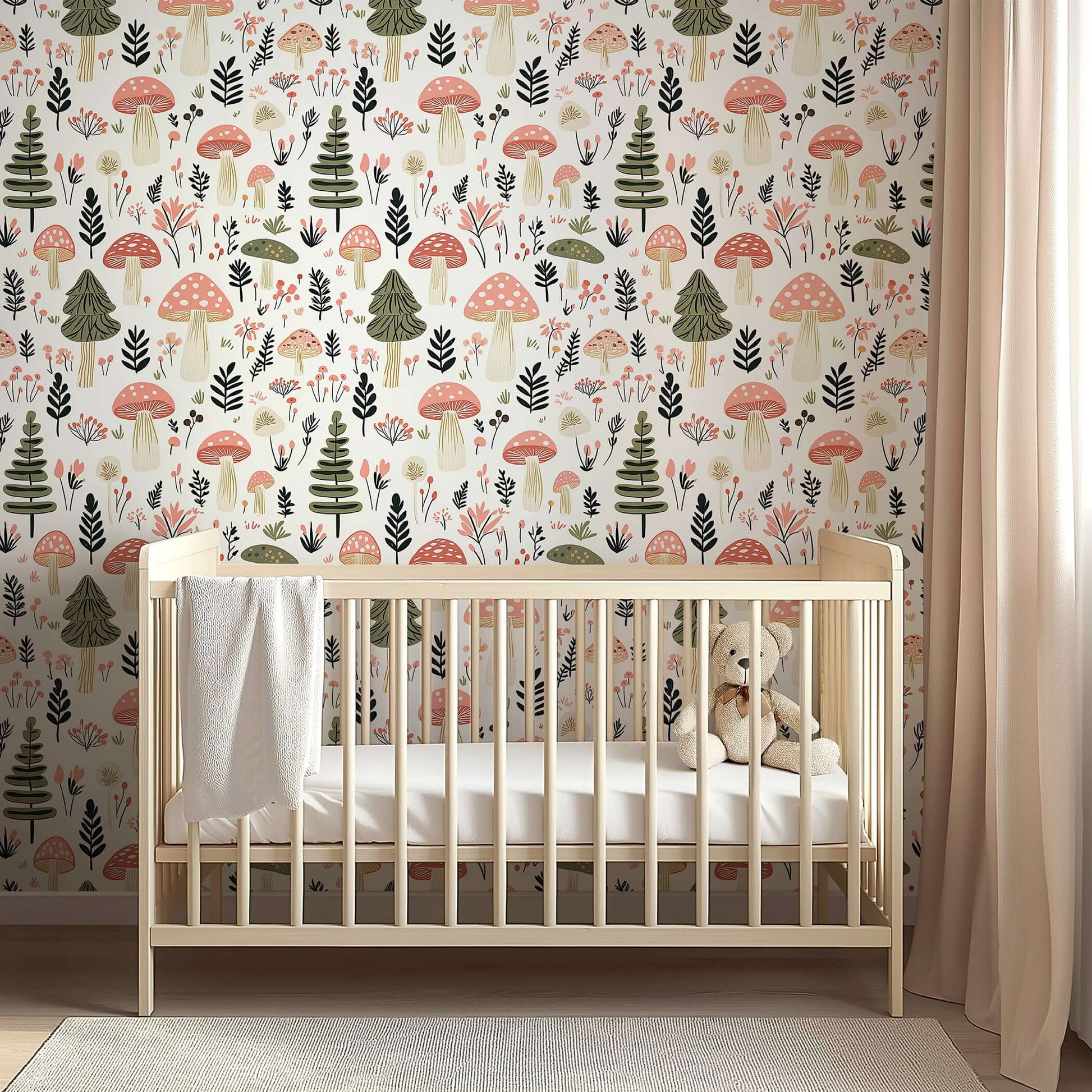 Charming "Woodland Wonder Toadstools II" wallpaper in nursery setting with toadstools, pine trees, perfect for modern kids' rooms.