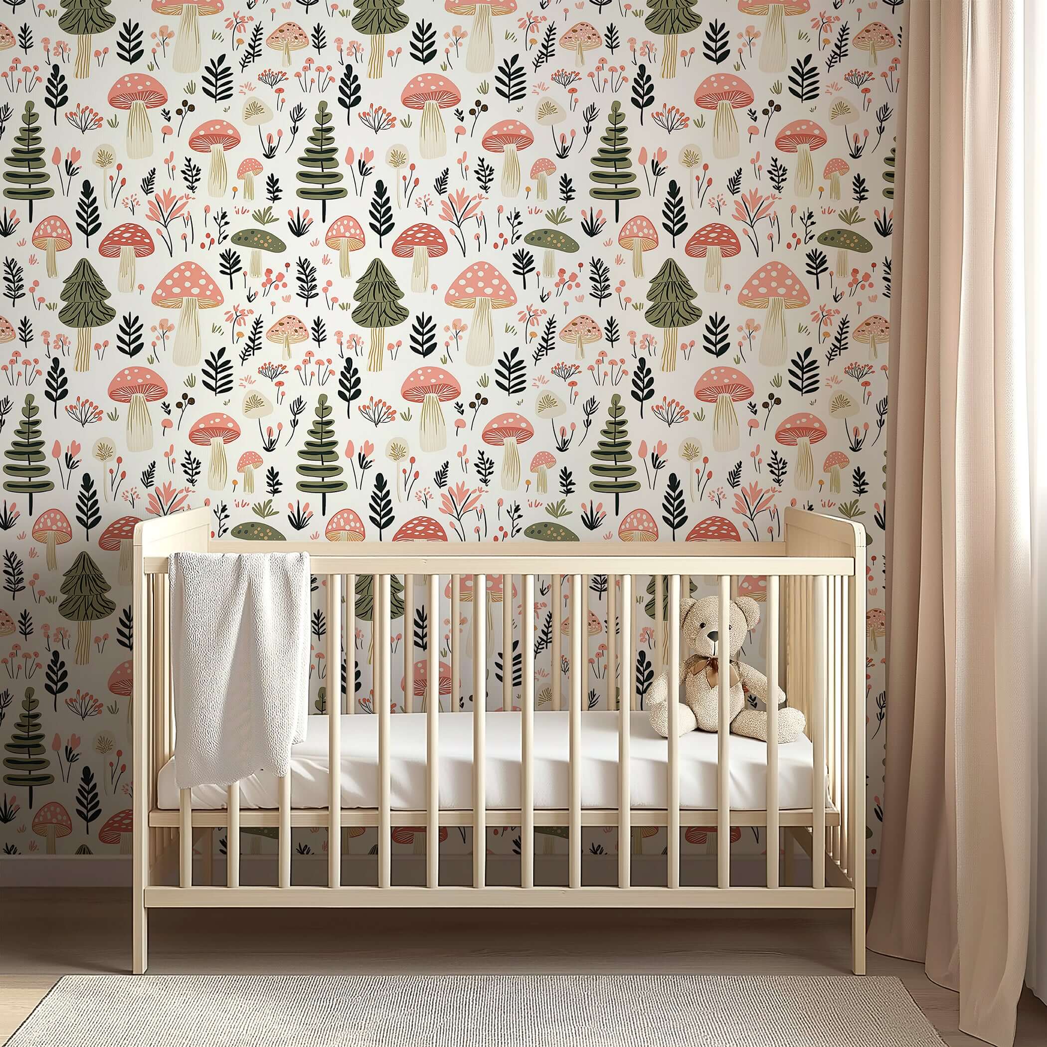 Charming "Woodland Wonder Toadstools II" wallpaper in nursery setting with toadstools, pine trees, perfect for modern kids' rooms.