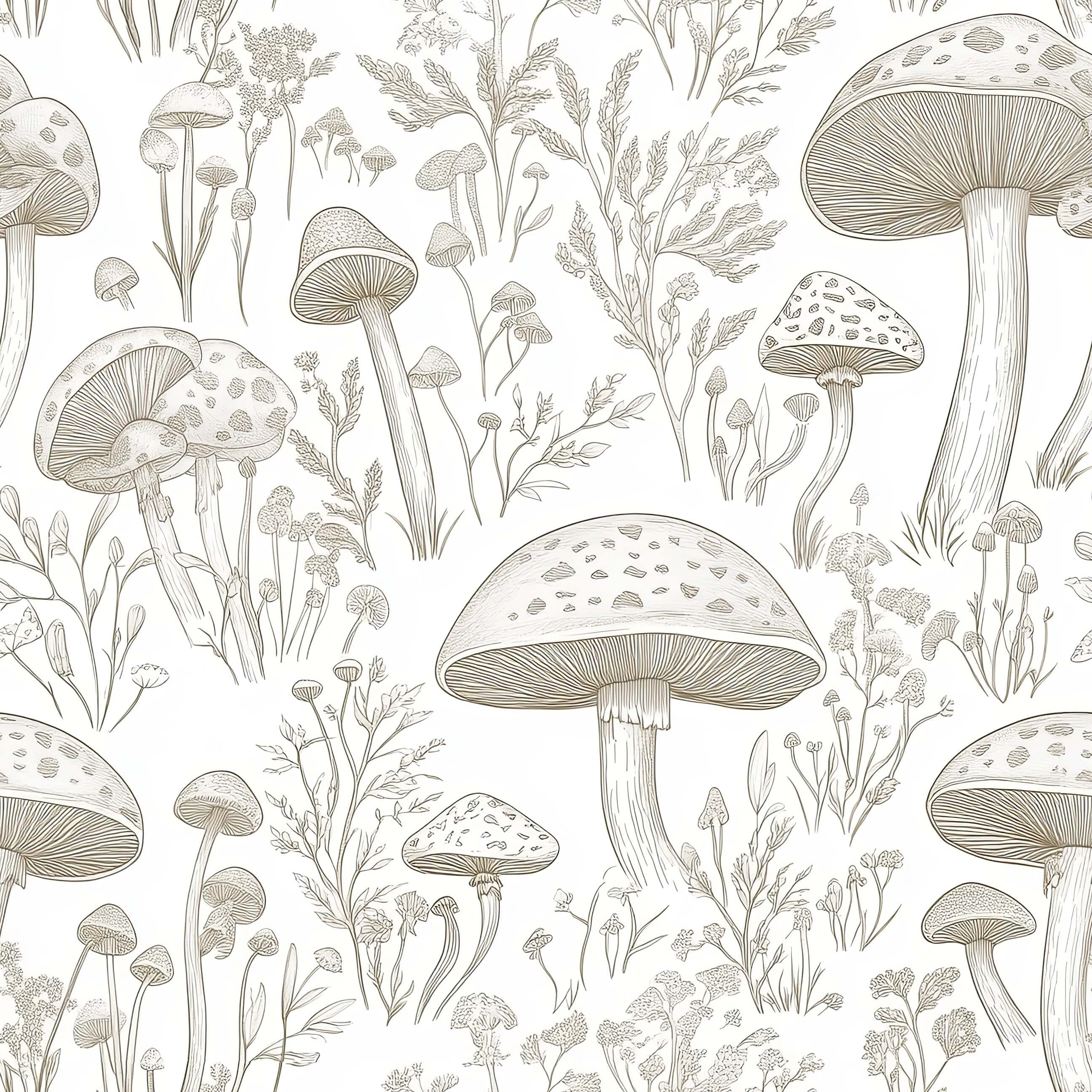 "Enchanted Woodland Toile" wallpaper with intricate French toile illustrations of mushrooms and wildflowers, perfect for cottagecore decor.