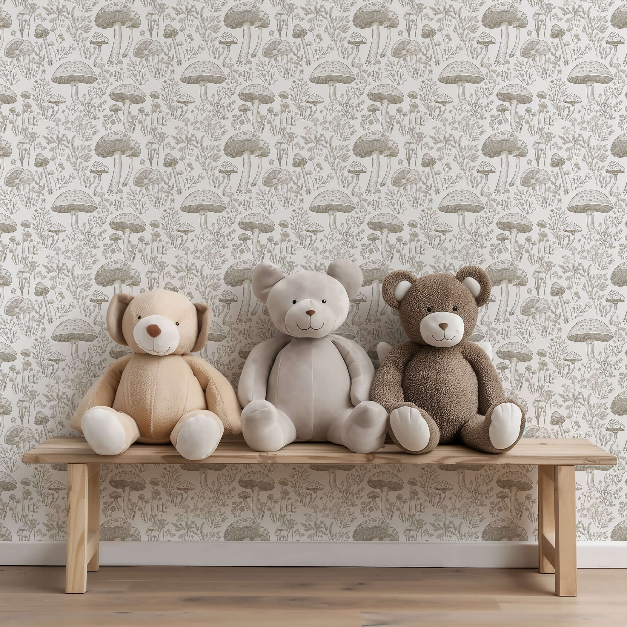 Three plush toys on a bench against Enchanted Woodland Toile wallpaper featuring intricate forest motifs in a soft monochrome toile design.