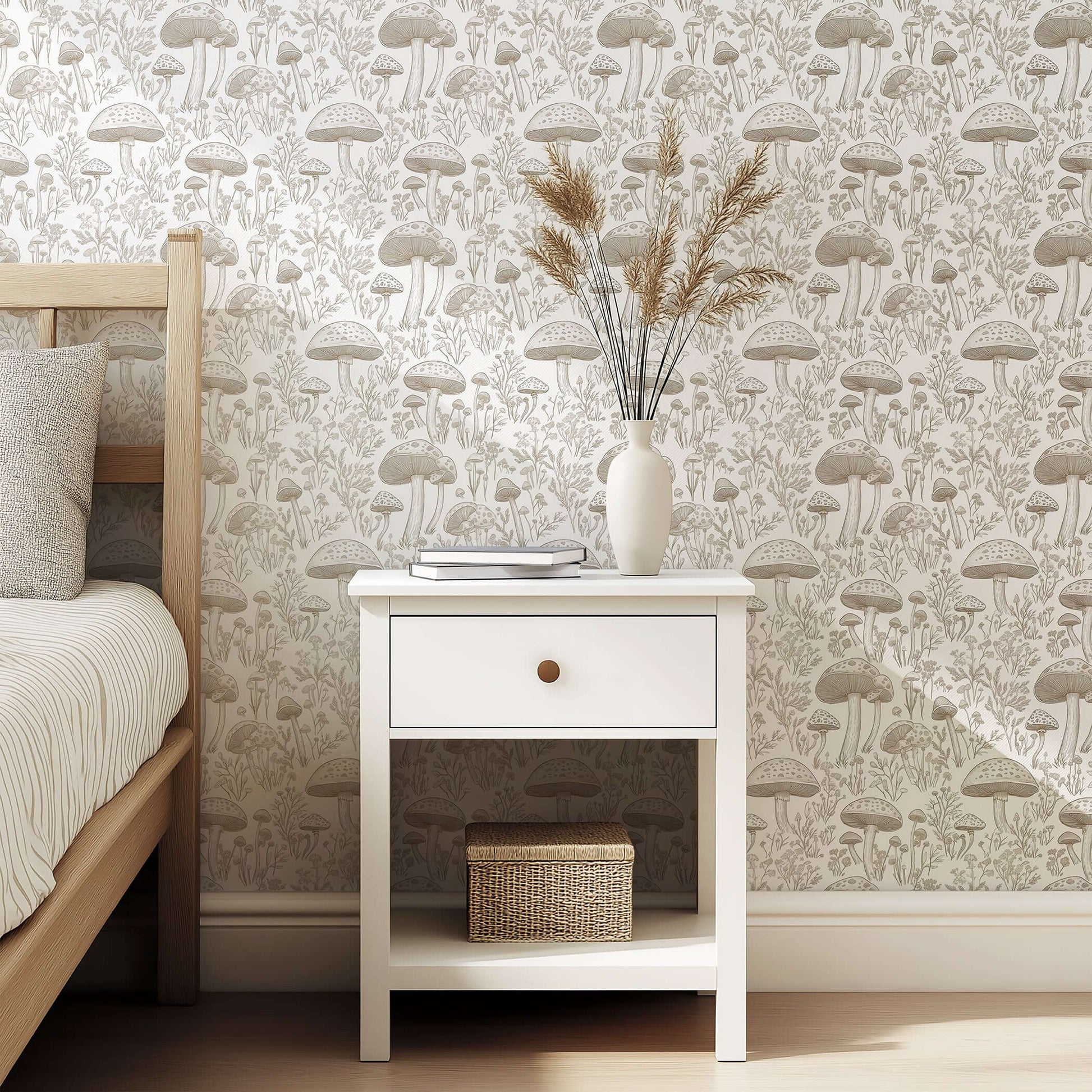 Enchanted Woodland Toile wallpaper with intricate mushrooms and wildflowers in a soft monochrome, ideal for cottagecore and French toile styles.
