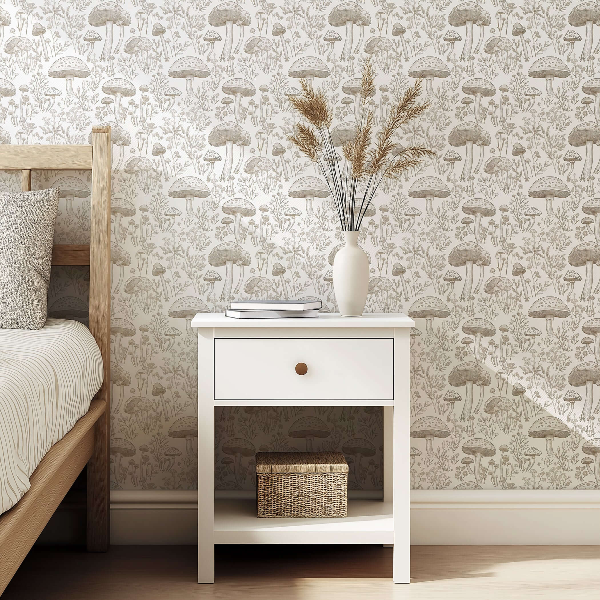 Enchanted Woodland Toile wallpaper with intricate mushrooms and wildflowers in a soft monochrome, ideal for cottagecore and French toile styles.
