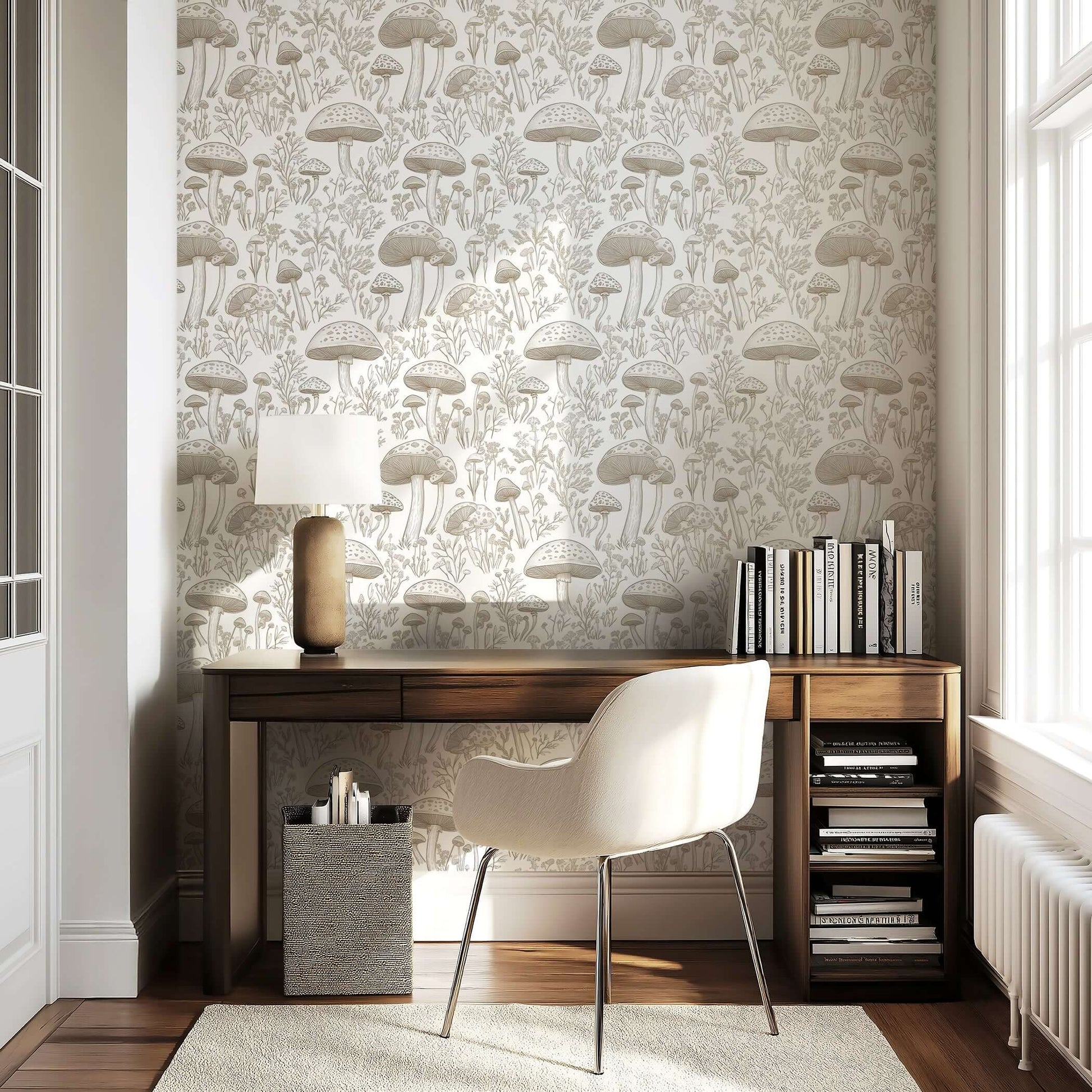 Elegant home office with Enchanted Woodland Toile wallpaper featuring mushrooms and wildflowers in a French toile pattern.