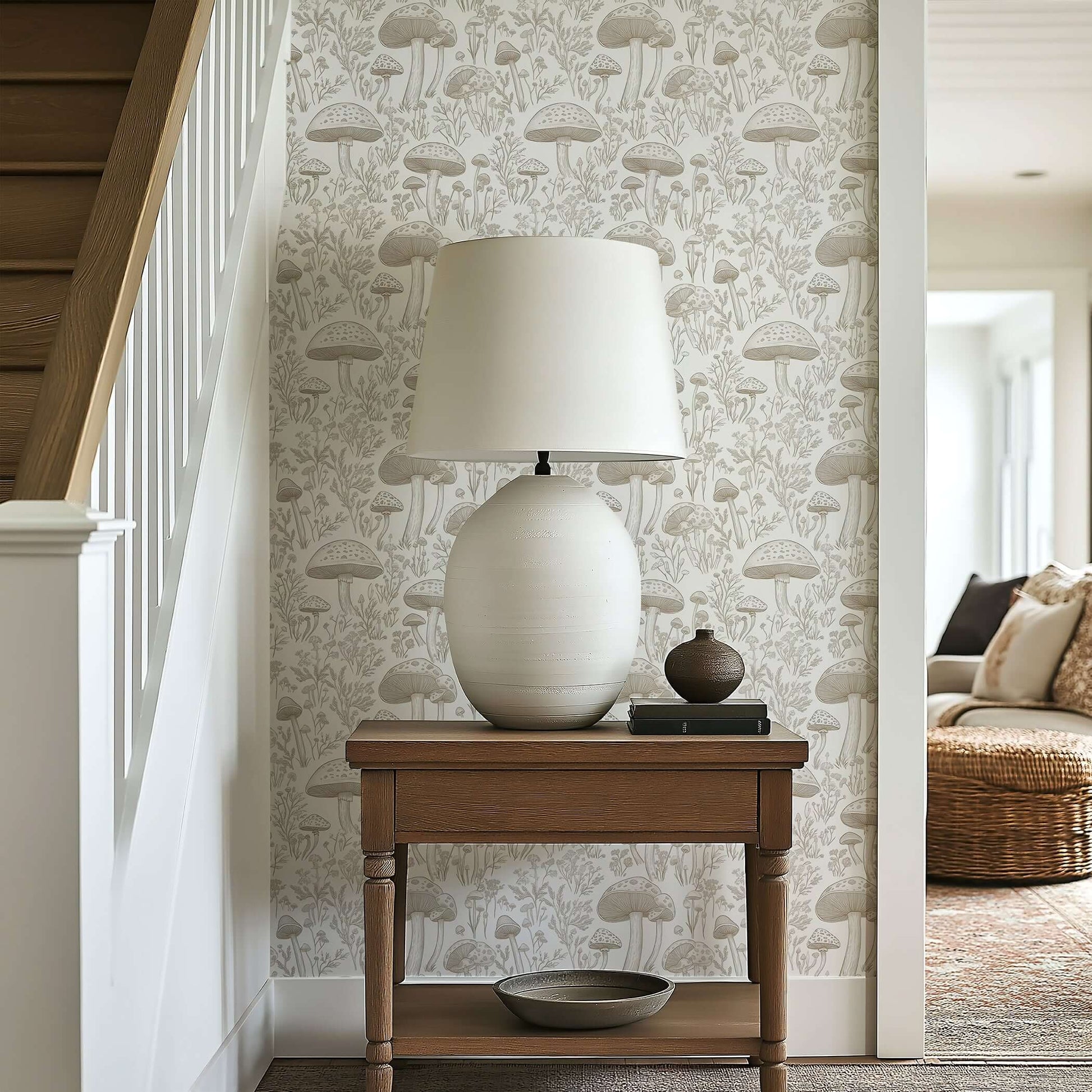 Wall Artifacts Enchanted Woodland Toile Wallpaper with mushroom and wildflower motifs for a rustic cottagecore look.