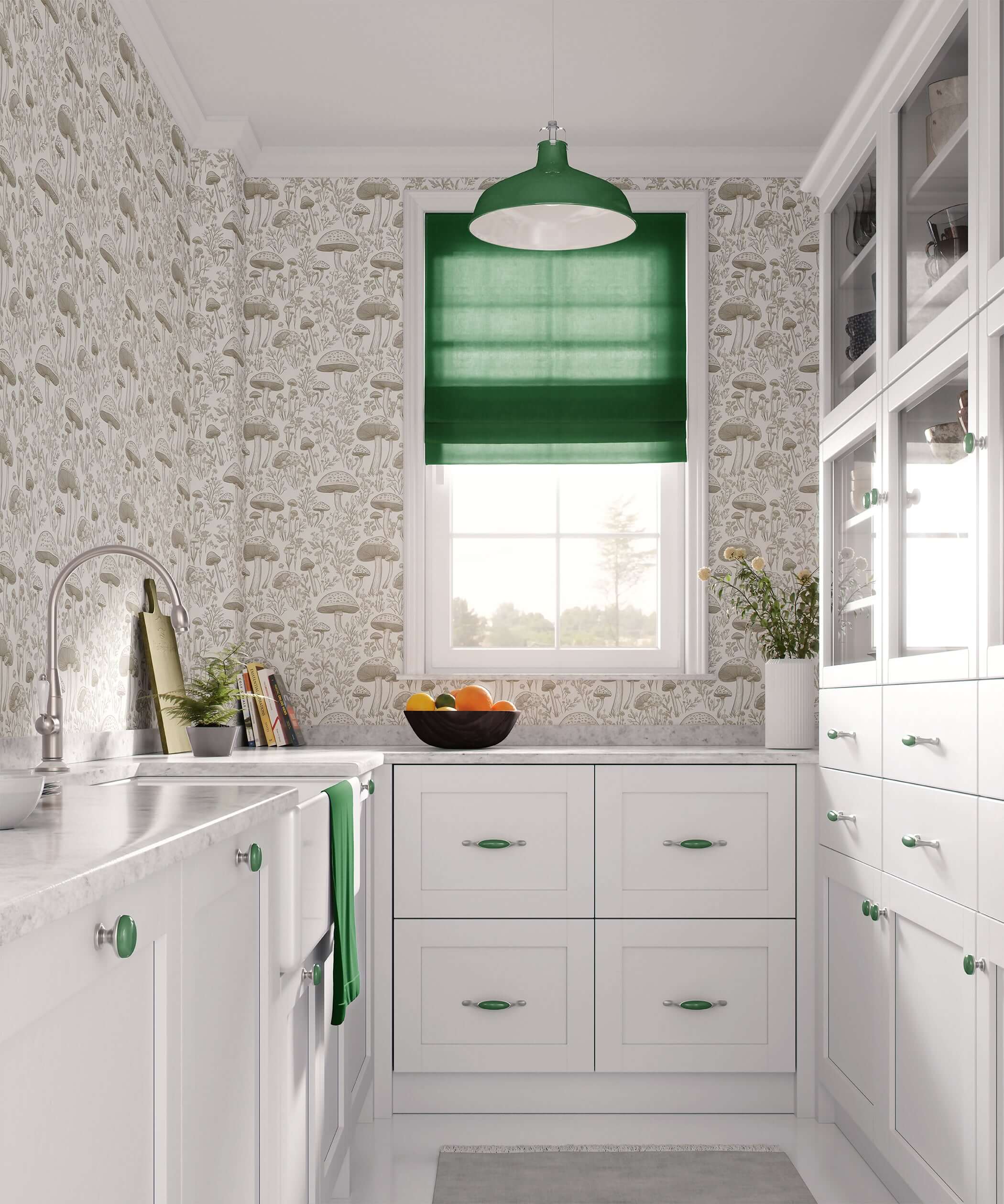 Kitchen with Enchanted Woodland Toile Wallpaper, showcasing mushrooms and wildflowers, in a monochrome color scheme. Toile wallpaper decor.