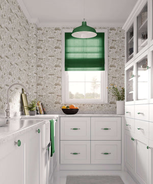Kitchen with Enchanted Woodland Toile Wallpaper, showcasing mushrooms and wildflowers, in a monochrome color scheme. Toile wallpaper decor.