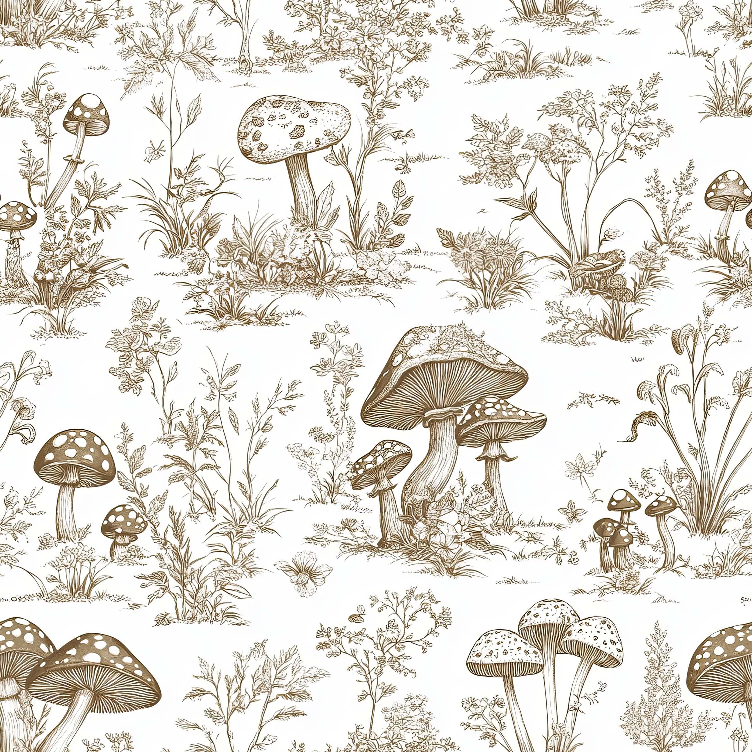 Vintage toile wallpaper with mushrooms and botanical patterns, ideal for cottagecore interiors and nature-inspired rooms.