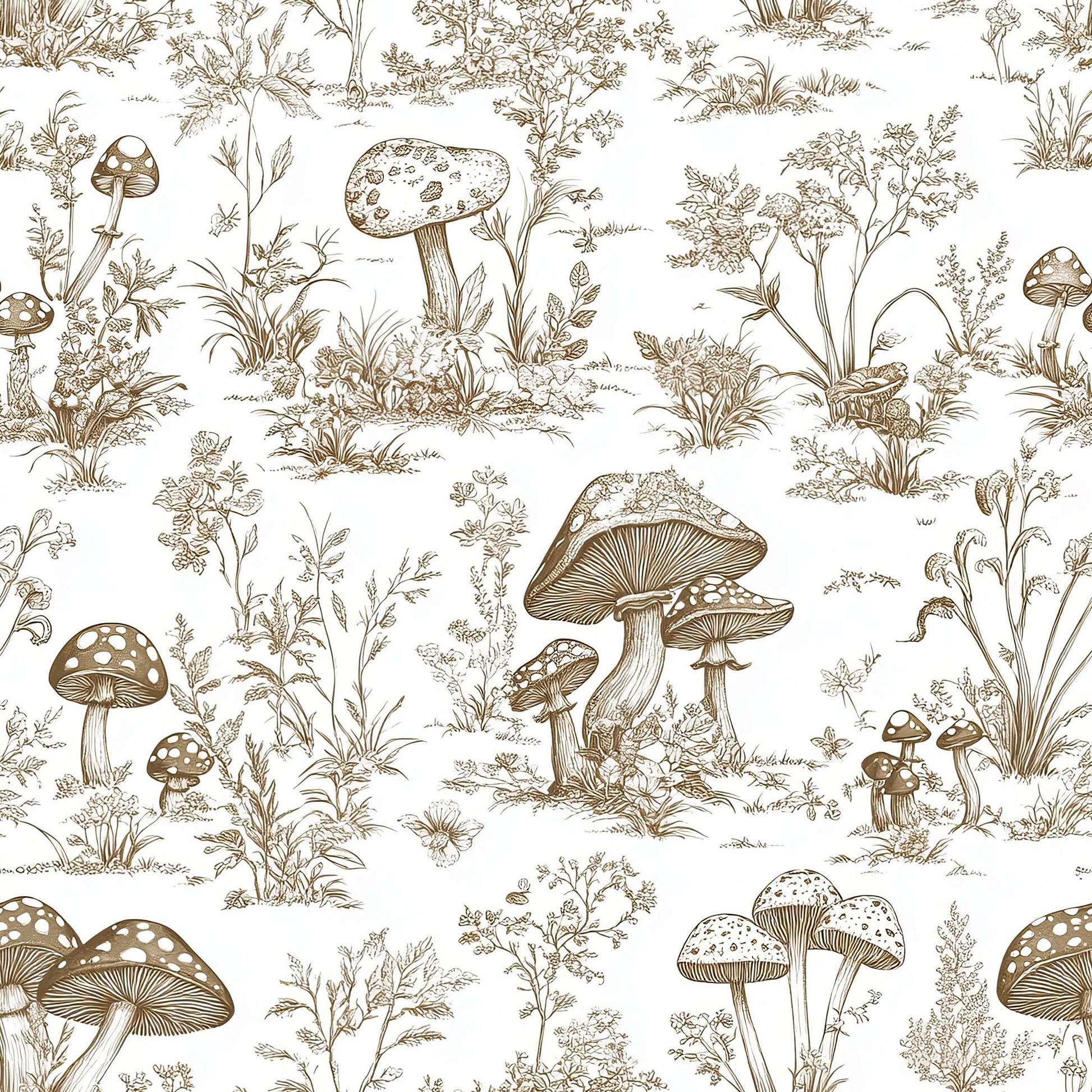 Vintage toile wallpaper with mushrooms and botanical patterns, ideal for cottagecore interiors and nature-inspired rooms.