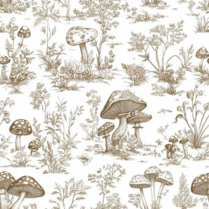 Vintage toile wallpaper with mushrooms and botanical patterns, ideal for cottagecore interiors and nature-inspired rooms.