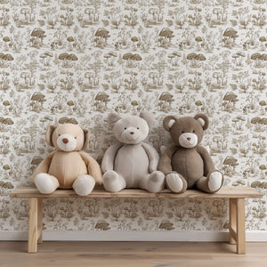 Charming teddy bears seated on a wooden bench against Enchanted Woodland Toile II wallpaper, featuring monochromatic mushroom and botanical designs.