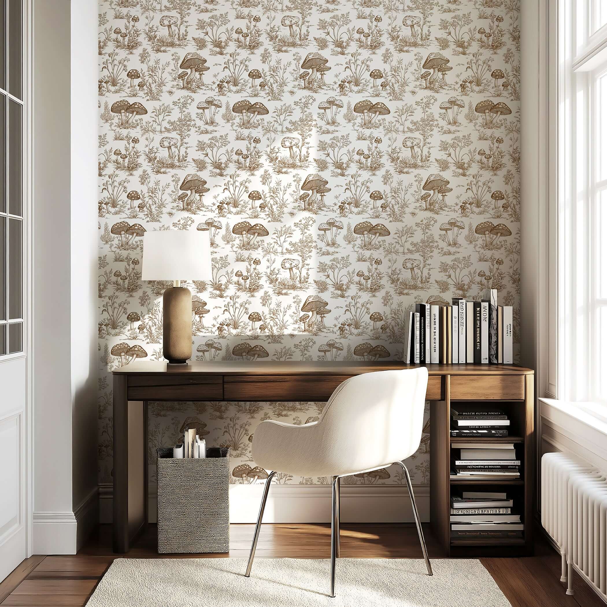 Home office with Enchanted Woodland Toile II wallpaper featuring french toile style with mushrooms and nature, ideal for cottagecore décor.
