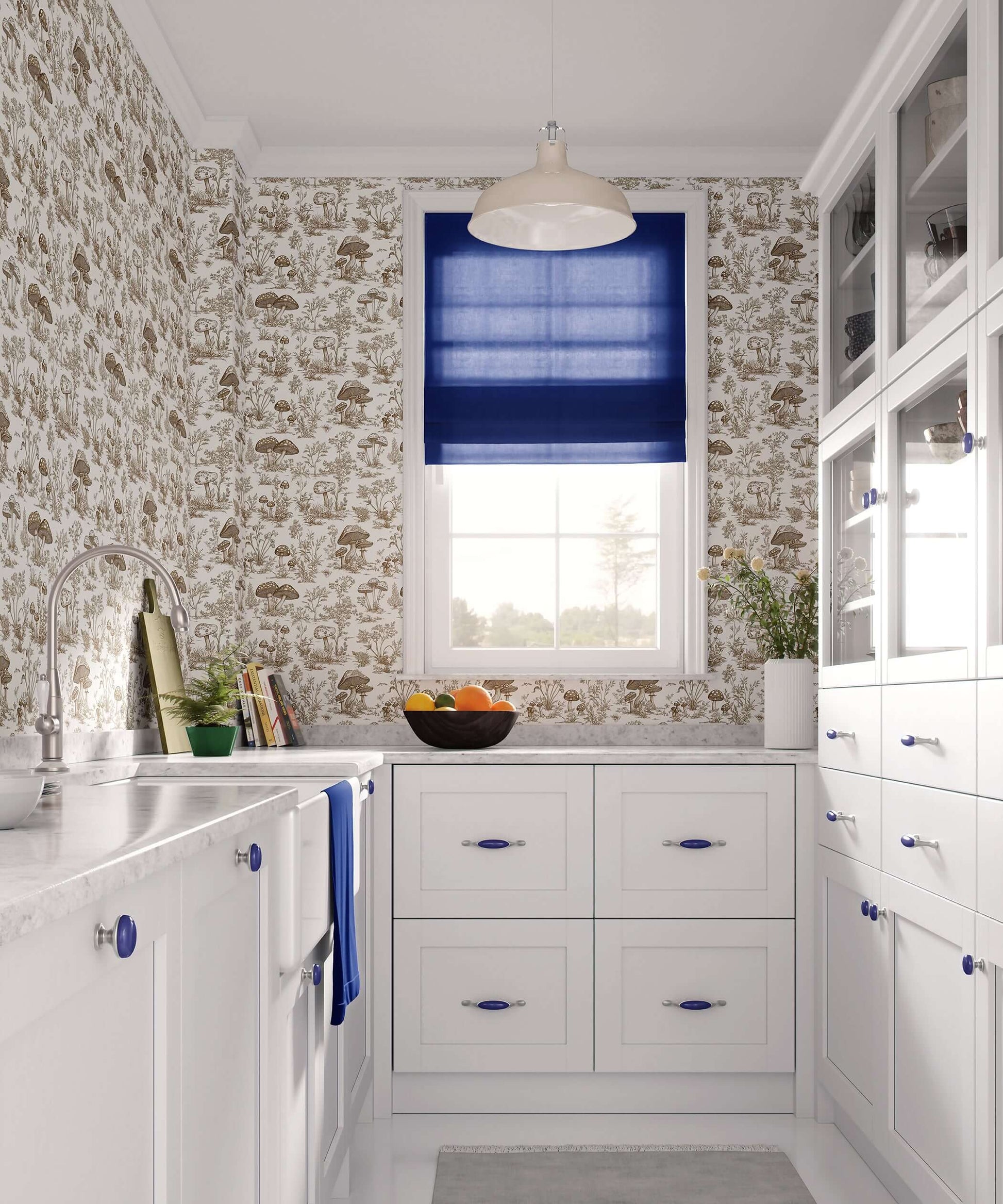 White kitchen featuring Enchanted Woodland Toile II wallpaper with mushroom and botanical patterns, ideal for cottagecore décor.