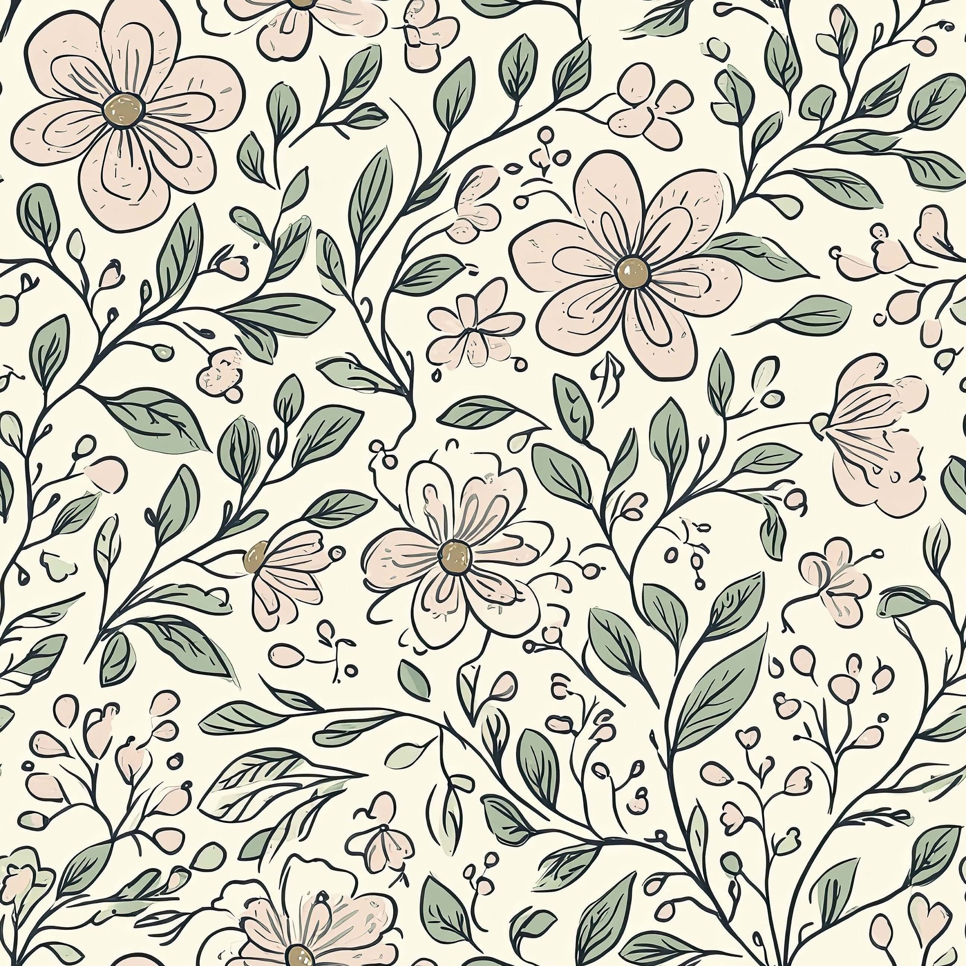 Charming Enchanted Blossoms wallpaper featuring hand-drawn floral patterns for a cottagecore nursery or modern playroom design.