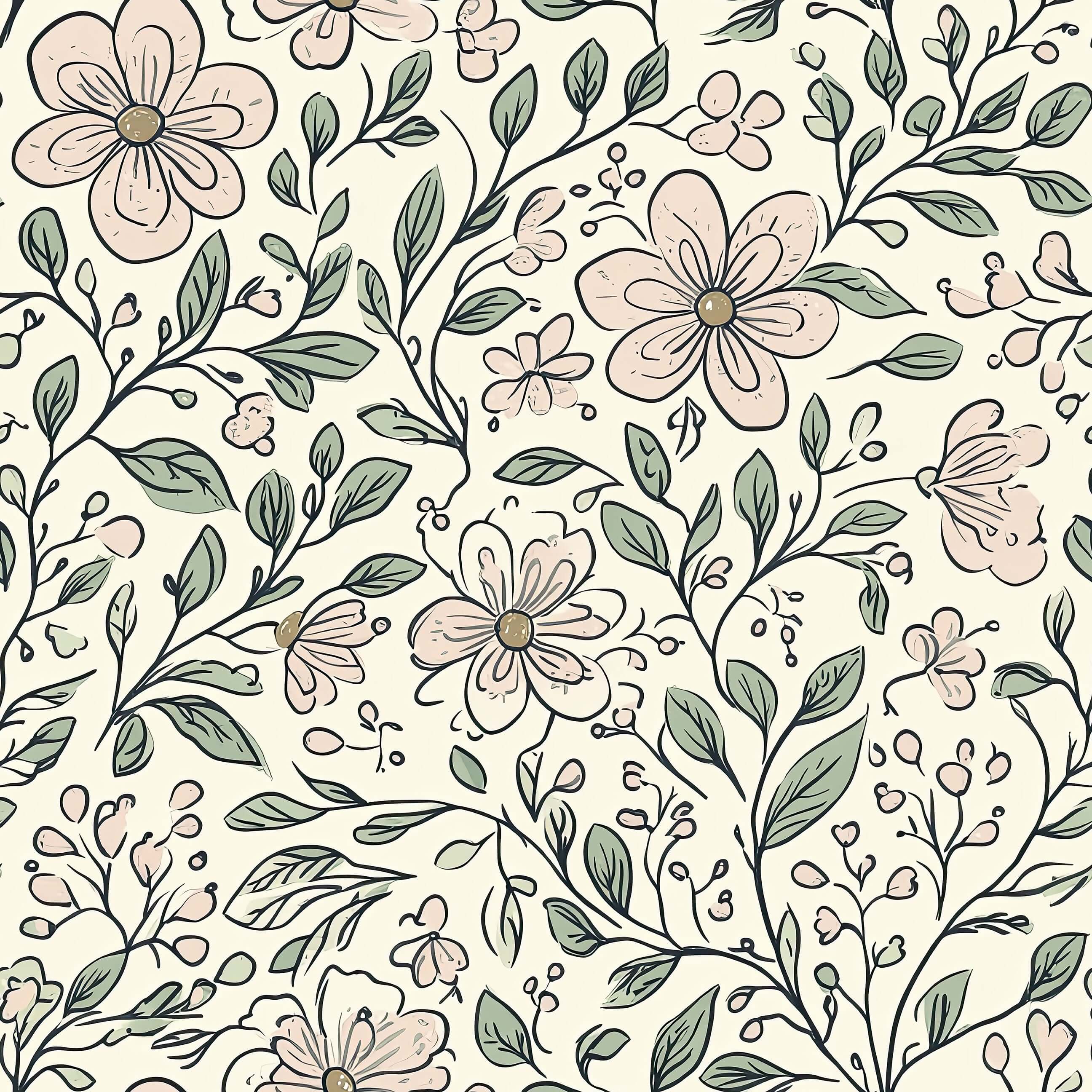 Charming Enchanted Blossoms wallpaper featuring hand-drawn floral patterns for a cottagecore nursery or modern playroom design.