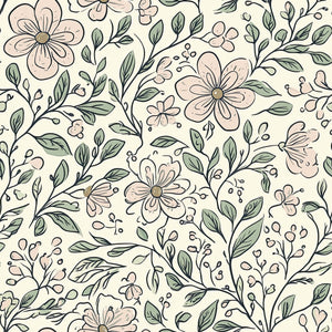 Charming Enchanted Blossoms wallpaper featuring hand-drawn floral patterns for a cottagecore nursery or modern playroom design.