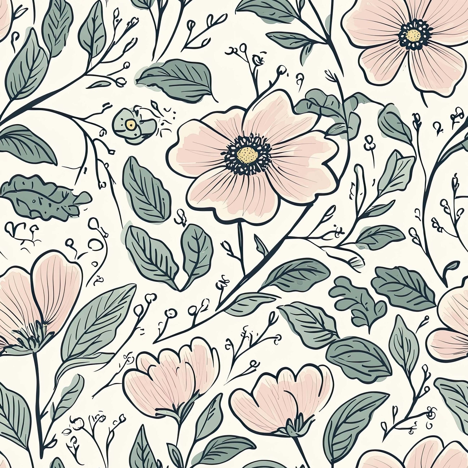 Flower Fairyland wallpaper featuring blush blossoms and sage botanicals on a creamy background for a cottagecore nursery or playroom.