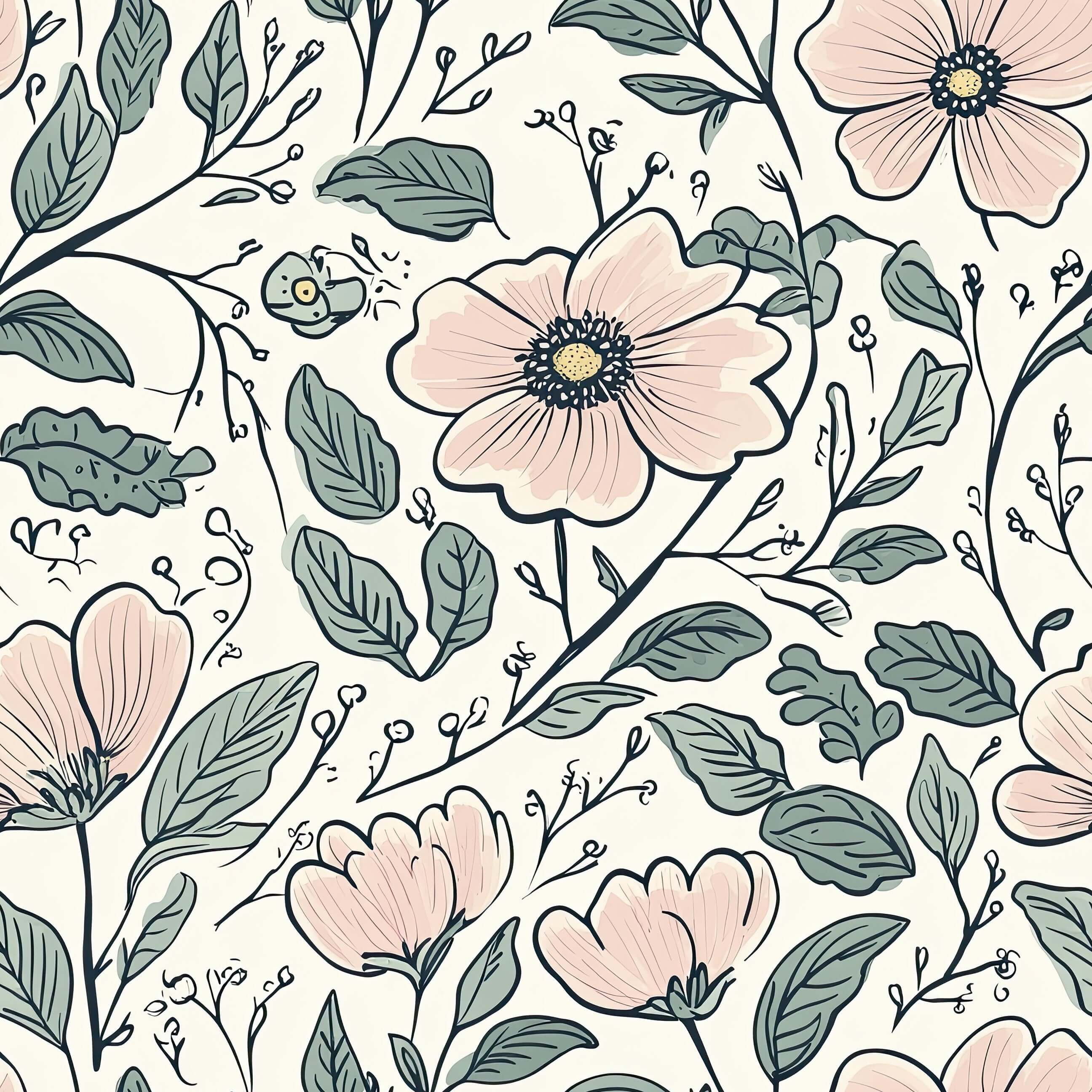 Flower Fairyland wallpaper featuring blush blossoms and sage botanicals on a creamy background for a cottagecore nursery or playroom.