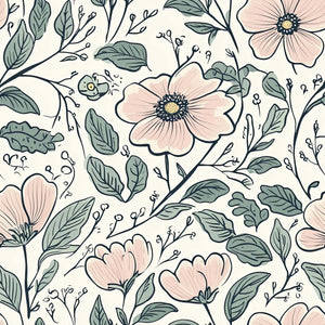 Flower Fairyland wallpaper featuring blush blossoms and sage botanicals on a creamy background for a cottagecore nursery or playroom.