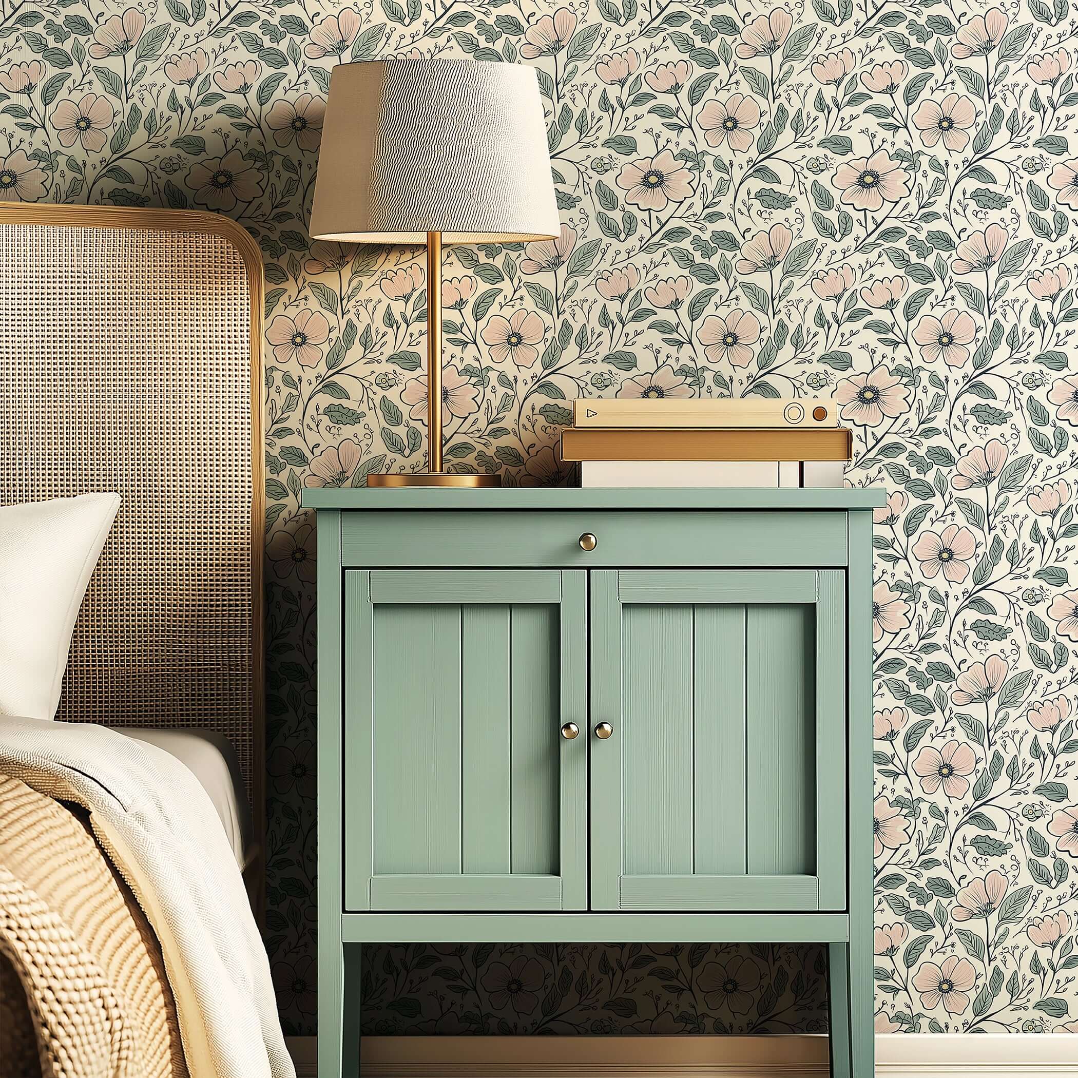 Flower Fairyland wallpaper with blush blossoms and sage leaves, evoking a cottagecore vibe in a cozy bedroom setting.