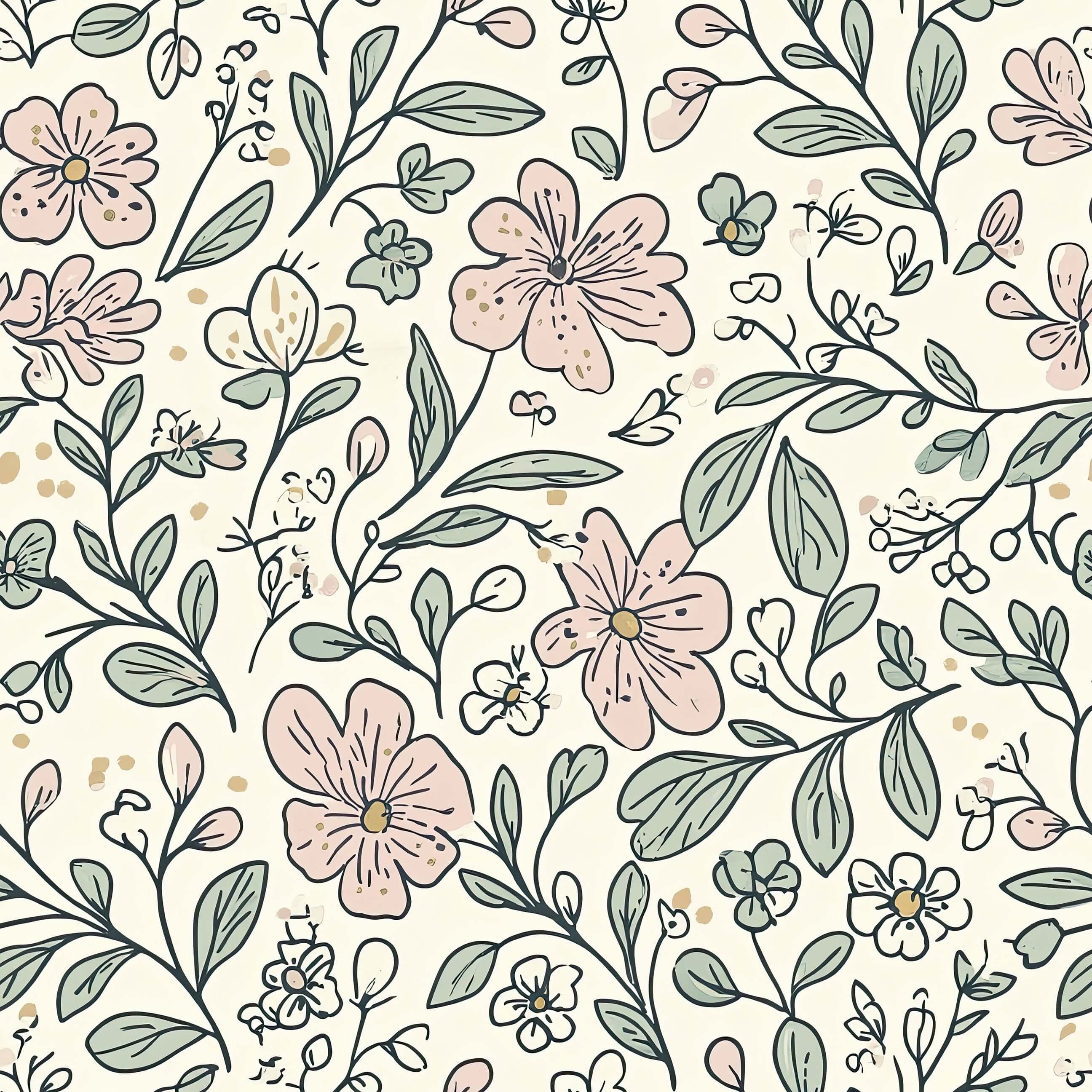 Whimsical 'Little Blossoms Garden' wallpaper with pink blossoms and green botanicals on cream, perfect for nurseries and cottagecore decor.