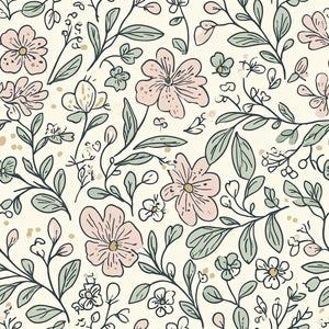 Whimsical 'Little Blossoms Garden' wallpaper with pink blossoms and green botanicals on cream, perfect for nurseries and cottagecore decor.