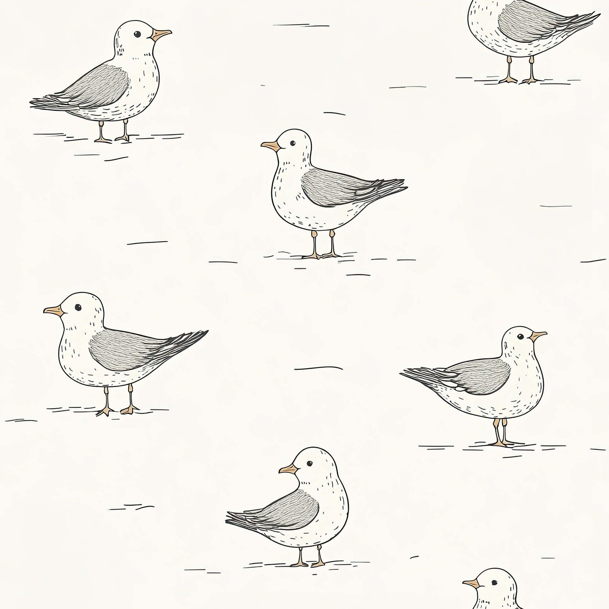 Whimsical seagull wallpaper for nurseries and playrooms featuring hand-drawn birds on cream, perfect for modern design and kids' spaces.