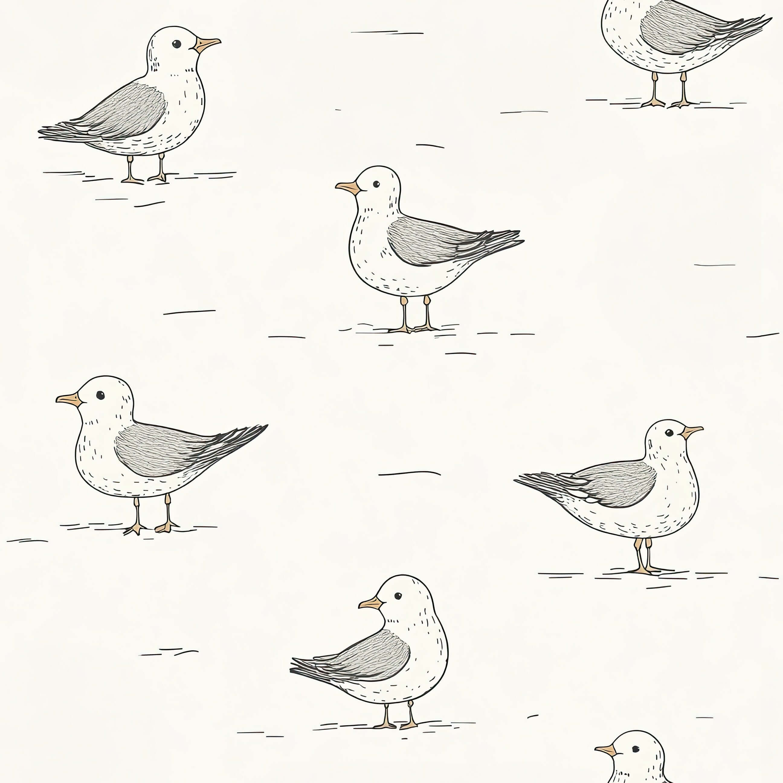Whimsical seagull wallpaper for nurseries and playrooms featuring hand-drawn birds on cream, perfect for modern design and kids' spaces.