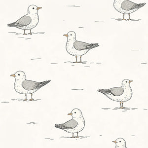 Whimsical seagull wallpaper for nurseries and playrooms featuring hand-drawn birds on cream, perfect for modern design and kids' spaces.