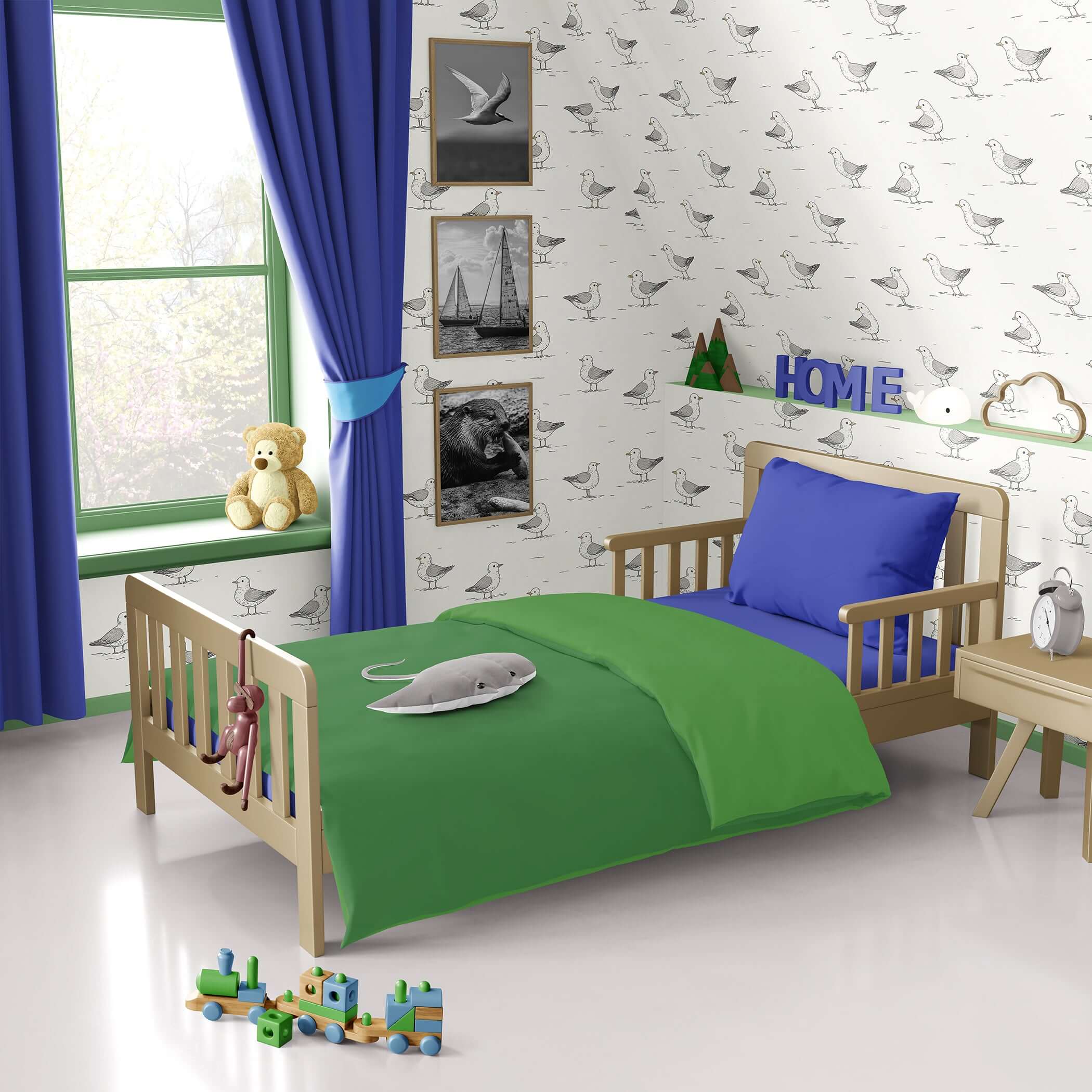 Cozy nursery with 'Little Seagull Adventures' wallpaper featuring whimsical seagulls, wooden toys, and vibrant bedding.