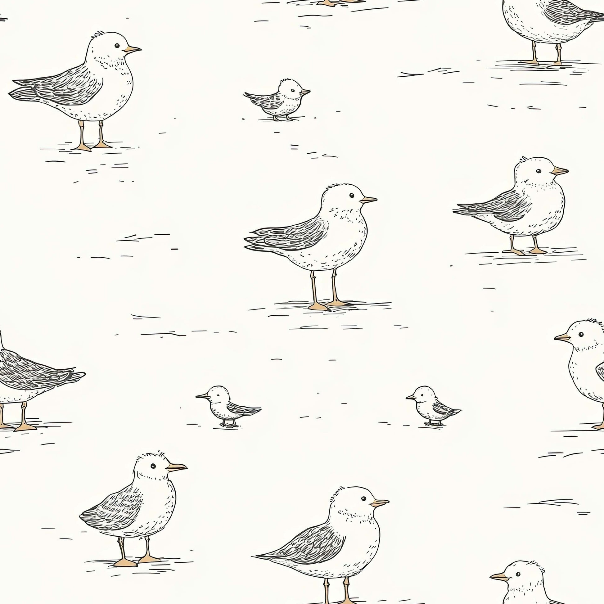 Charming hand-drawn seagulls on cream background wallpaper for nurseries, playrooms, and beach cottages. Modern design for children.