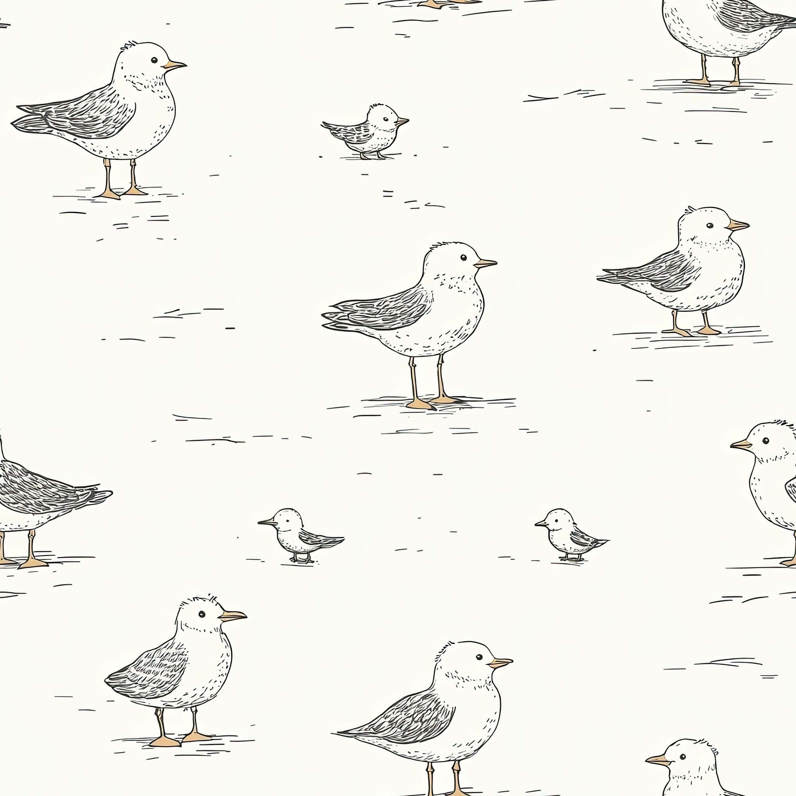 Charming hand-drawn seagulls on cream background wallpaper for nurseries, playrooms, and beach cottages. Modern design for children.