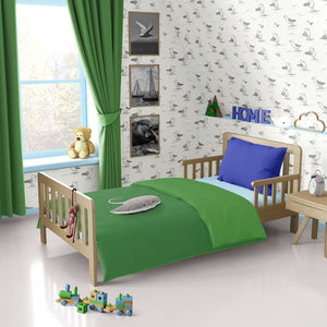 Children's room with Seaside Seagull Friends wallpaper, wooden bed, green bedding, and toys. Ideal for playrooms or nurseries.