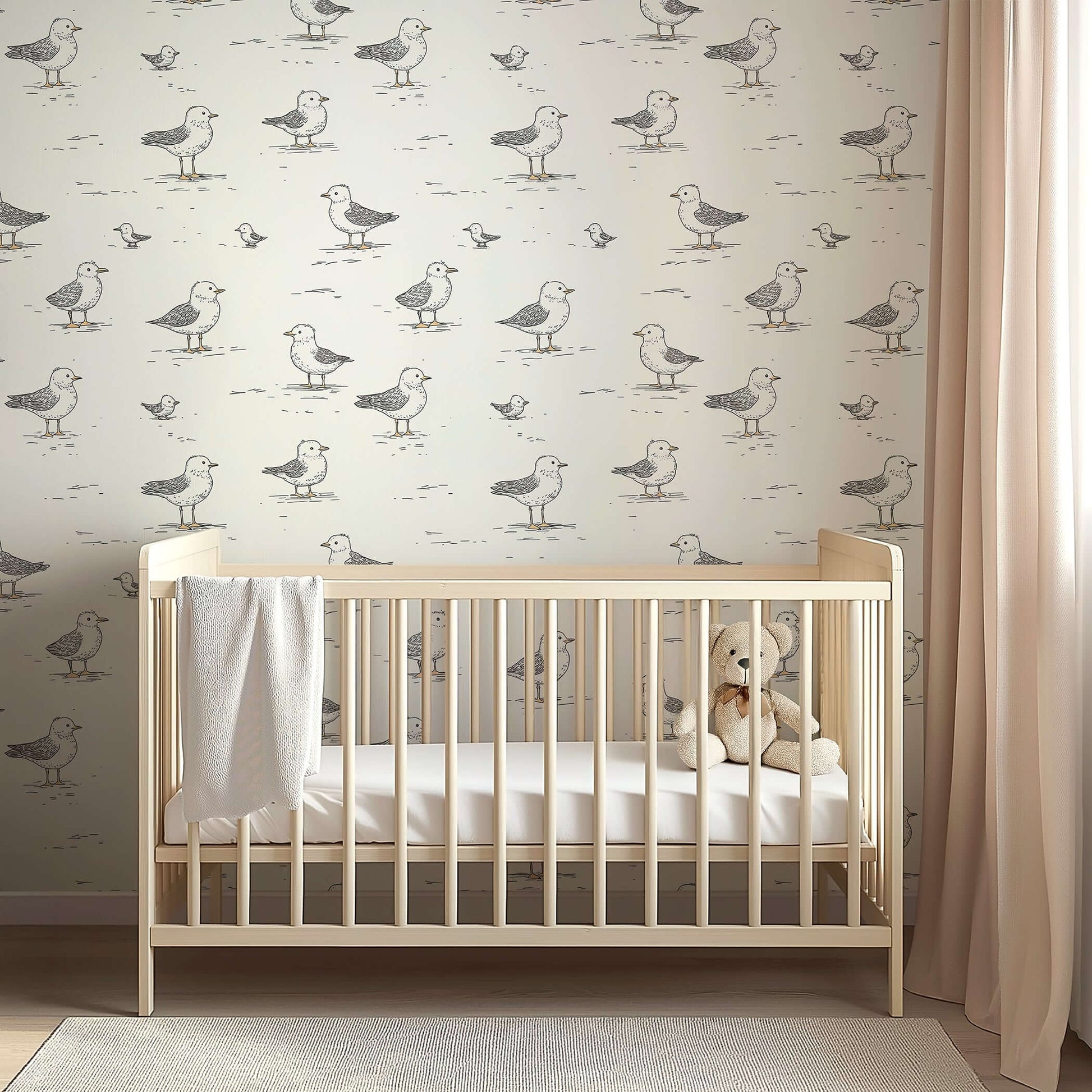 Seaside Seagull Friends wallpaper in nursery, featuring hand-drawn seagulls on cream backdrop, perfect for modern children's rooms.