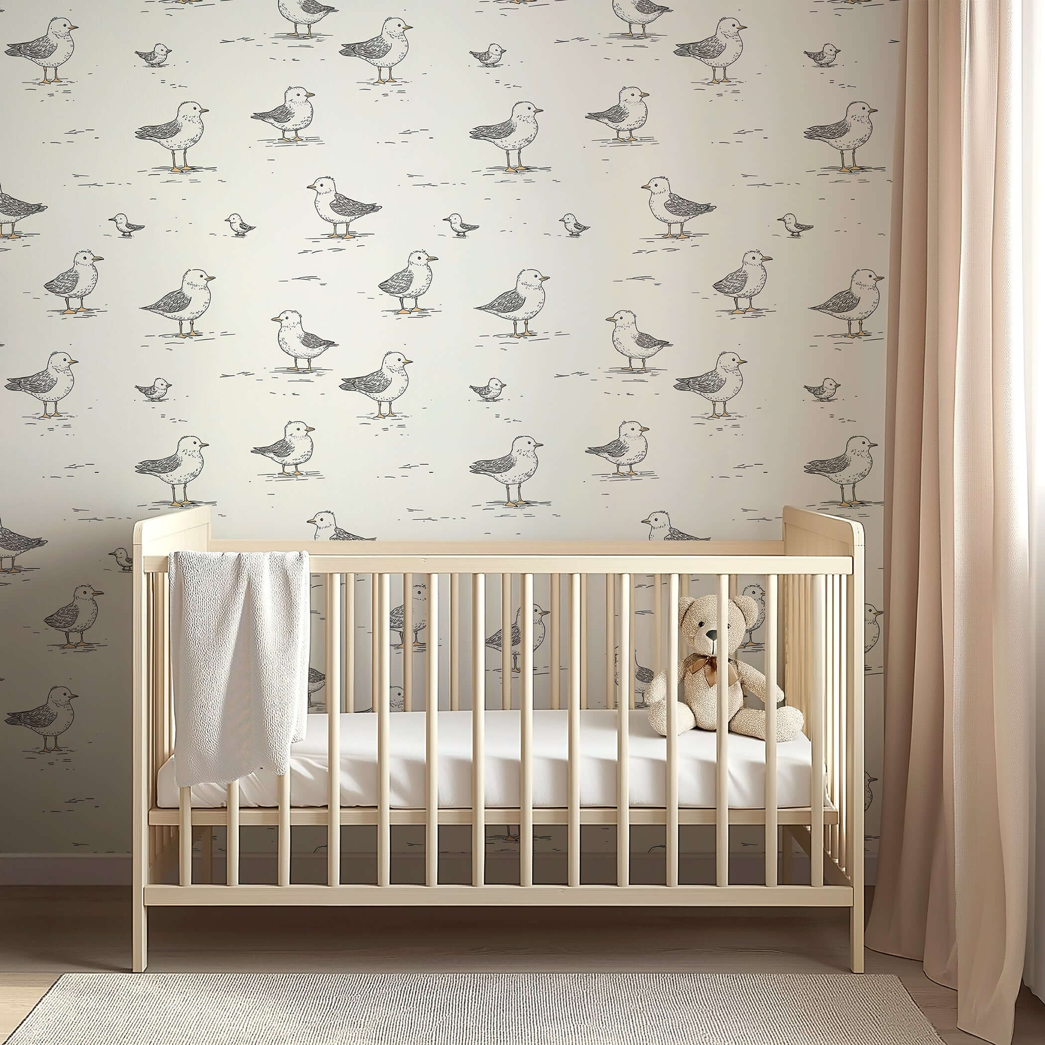 Seaside Seagull Friends wallpaper in nursery, featuring hand-drawn seagulls on cream backdrop, perfect for modern children's rooms.