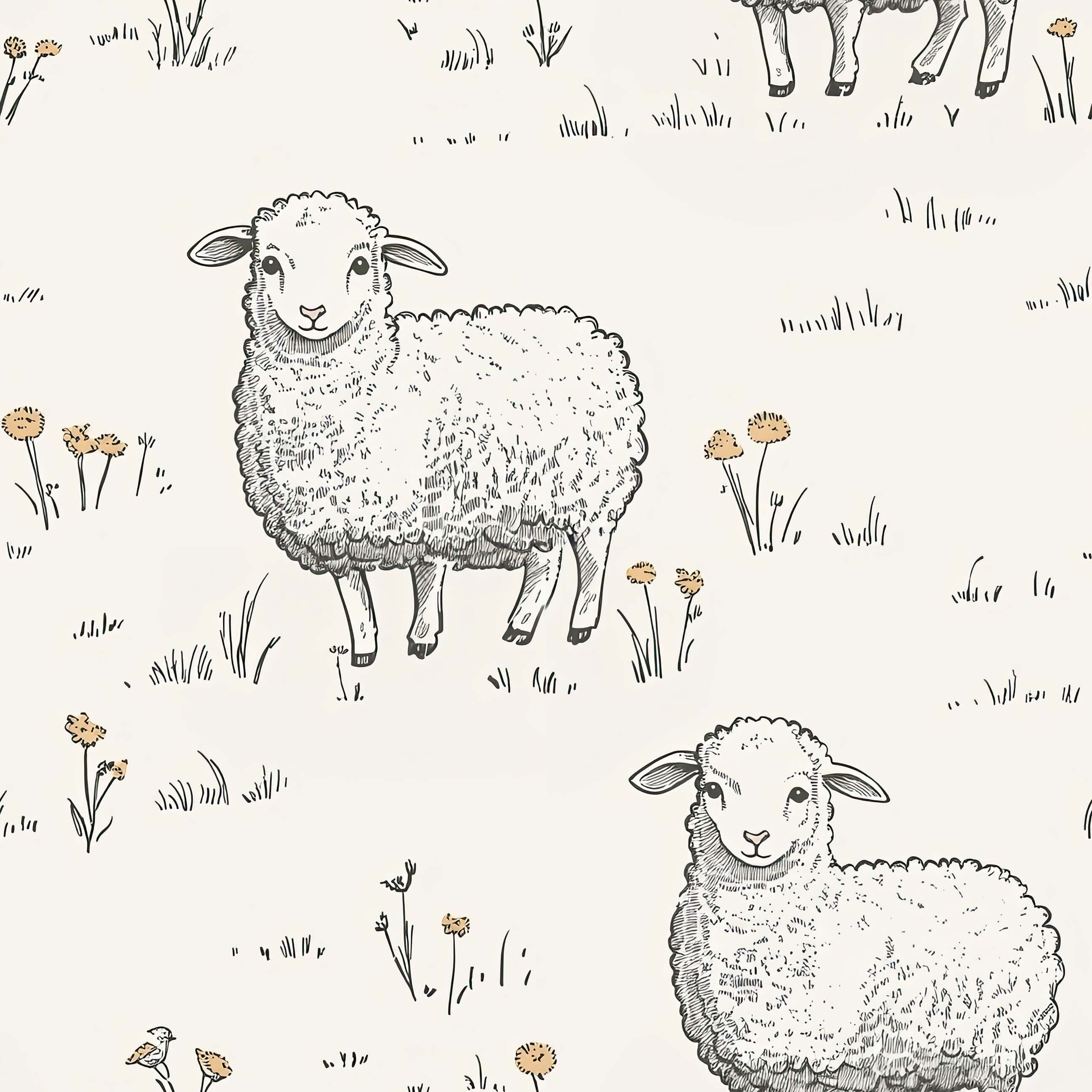 Sweet Sheep Dreamscape wallpaper with hand-drawn sheep and meadow florals, perfect for nursery, playroom, or modern design spaces.