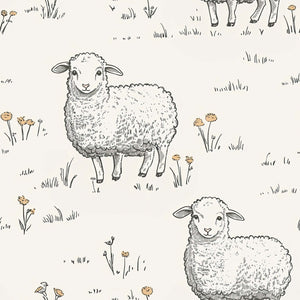 Sweet Sheep Dreamscape wallpaper with hand-drawn sheep and meadow florals, perfect for nursery, playroom, or modern design spaces.