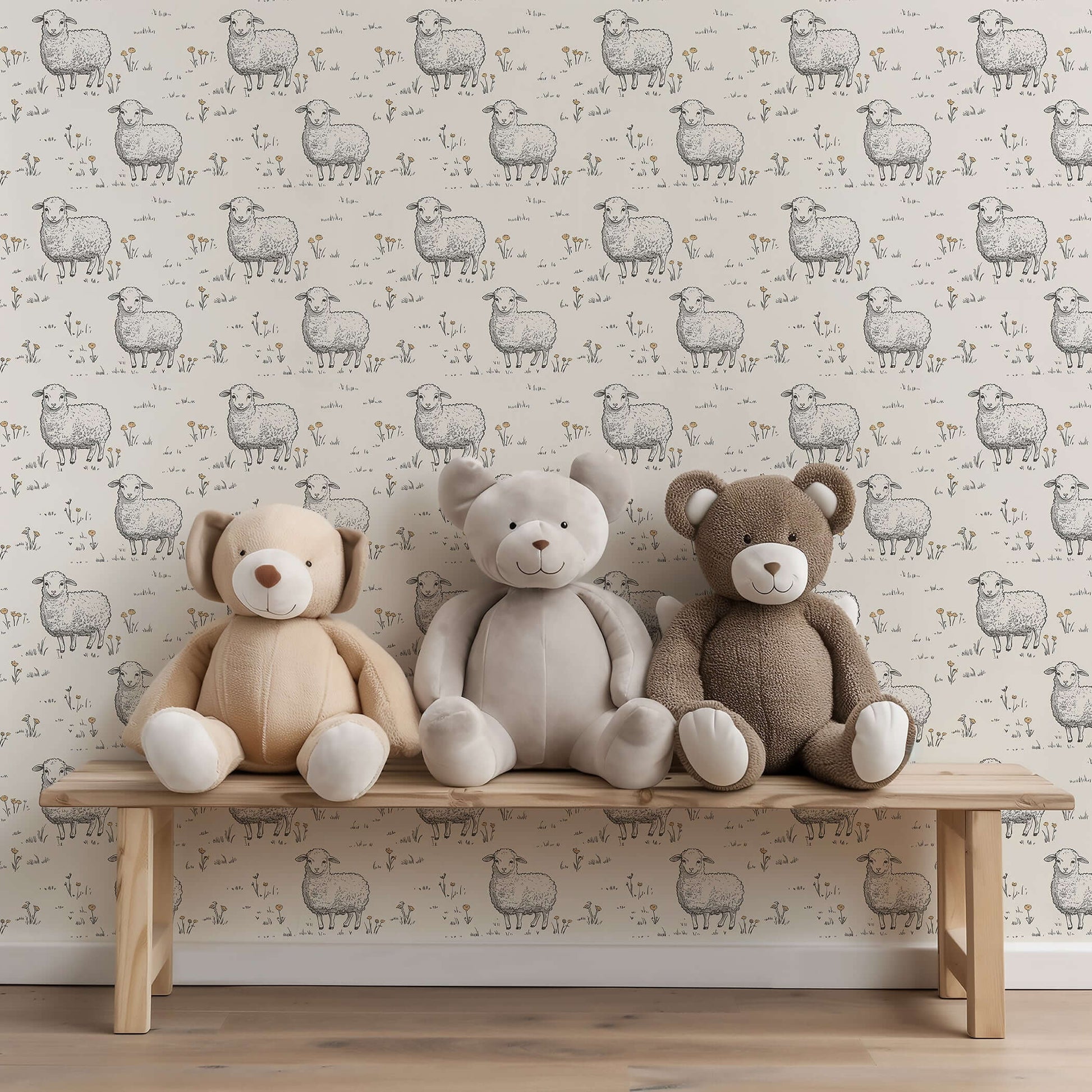 Sweet Sheep Dreamscape wallpaper with hand-drawn sheep, ideal for nurseries and children's playrooms. Modern, charming, and timeless design.