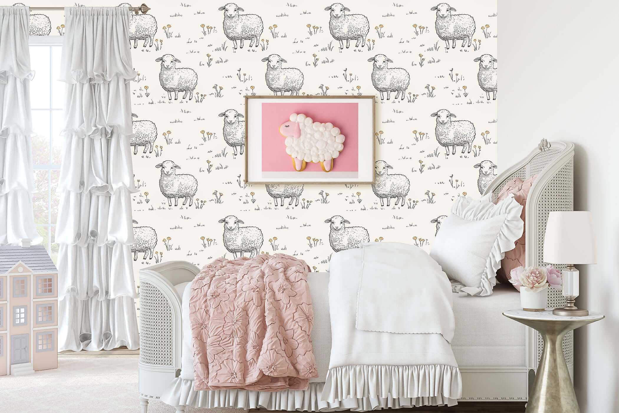 Sweet Sheep Dreamscape wallpaper in nursery with hand-drawn sheep and florals, ideal for modern children and baby playroom decor.